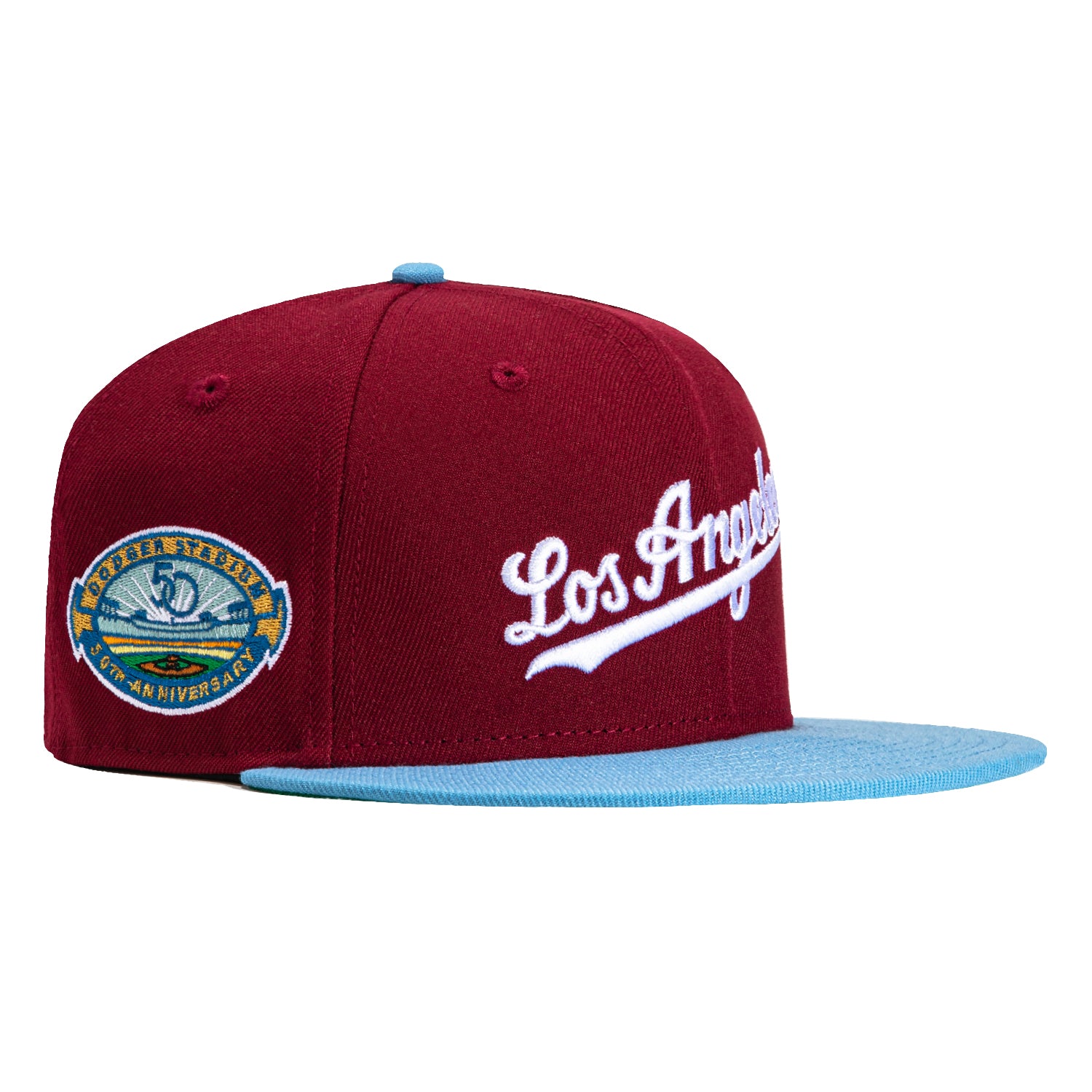 New Era 59Fifty Los Angeles Dodgers 50th Anniversary Stadium Patch Word Hat - Cardinal, Light Blue