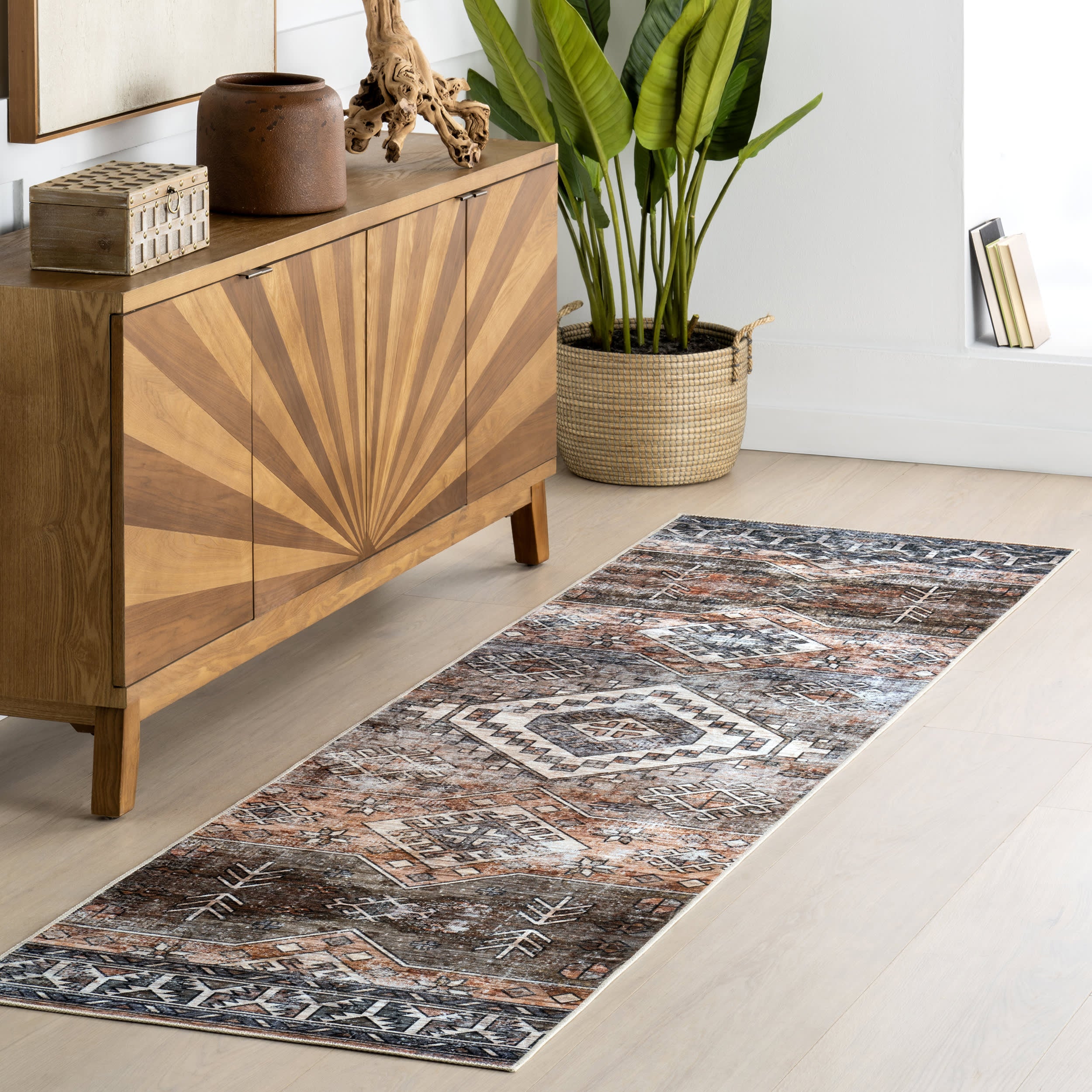 Faded Geometric Spill Proof Washable Rug | Rust