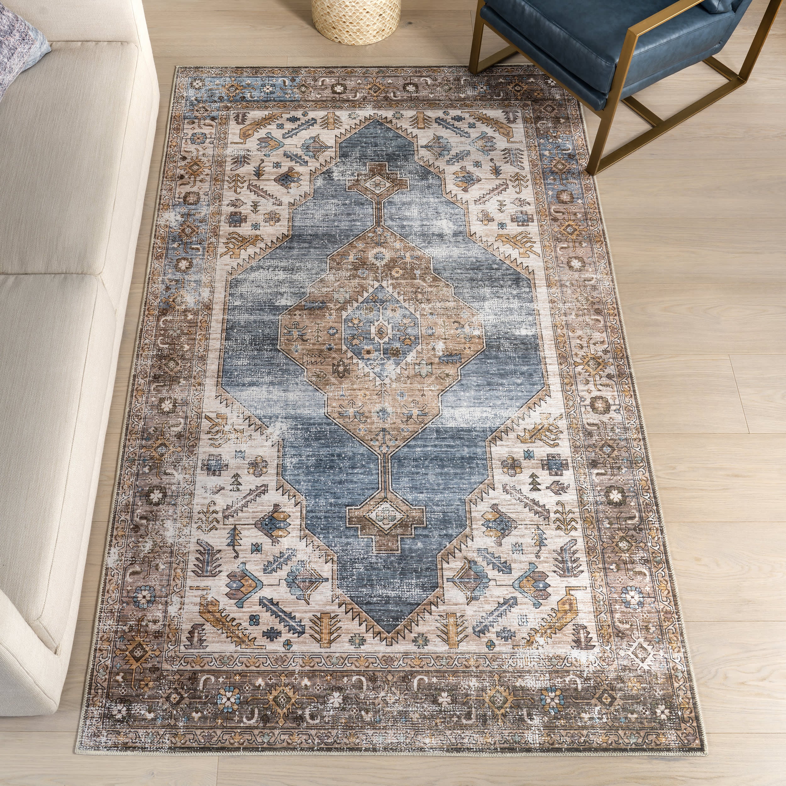 Native Iris Medallion Spill Proof Washable Rug | Blue