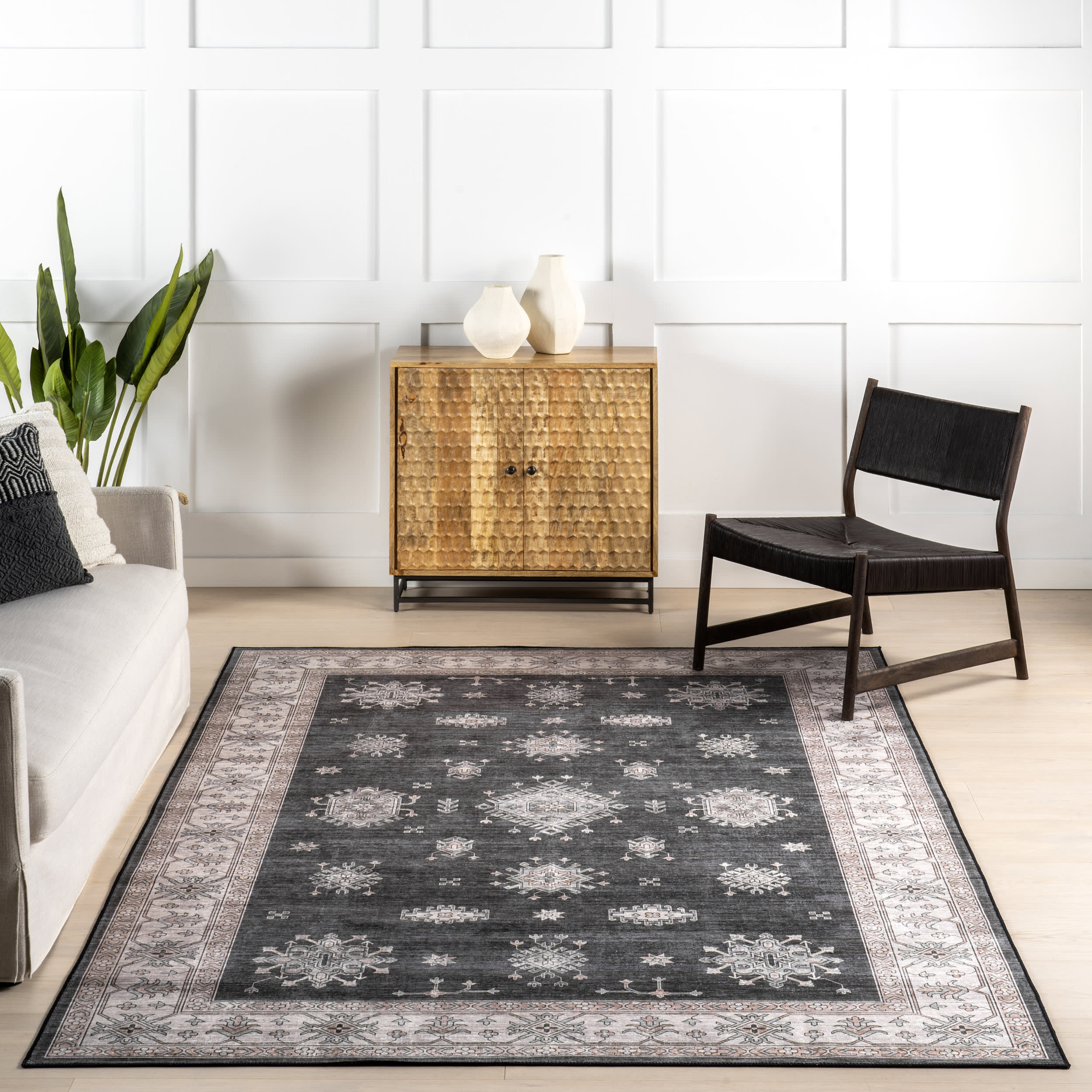 Andrea Bordered Spill Proof Washable Rug | Charcoal