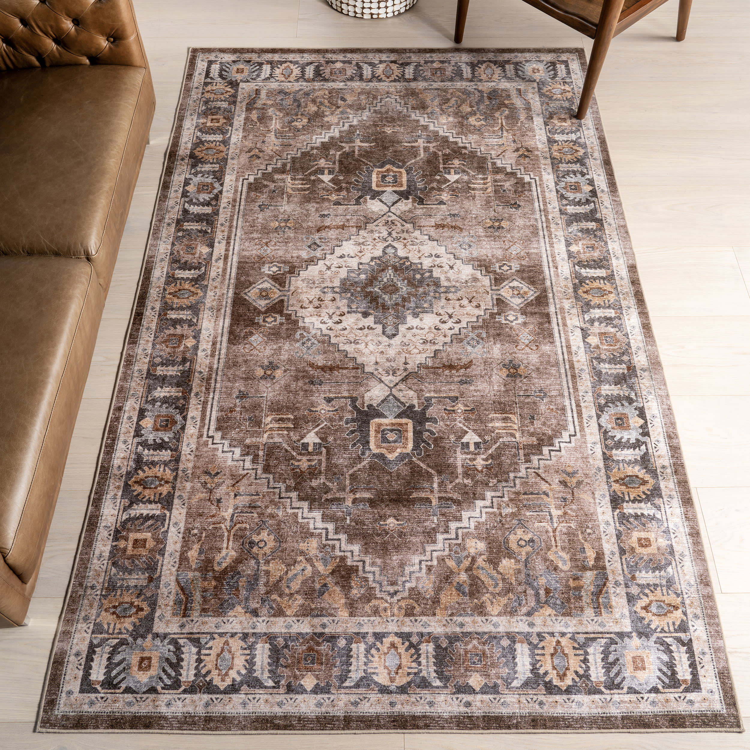 Harmoni Medallion Spill Proof Washable Rug | Brown