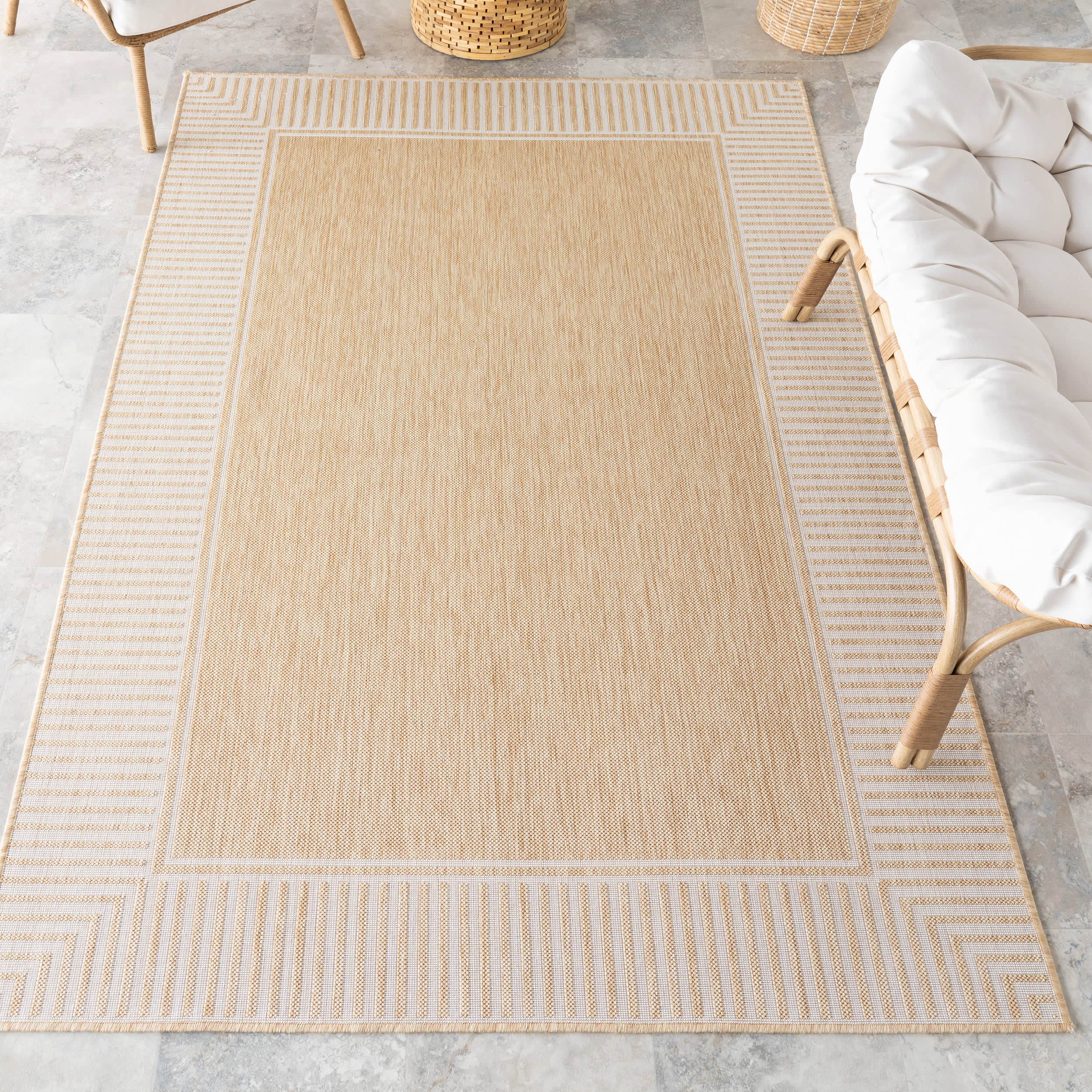 Striped Border Indoor/Outdoor Flatweave Rug | Tan