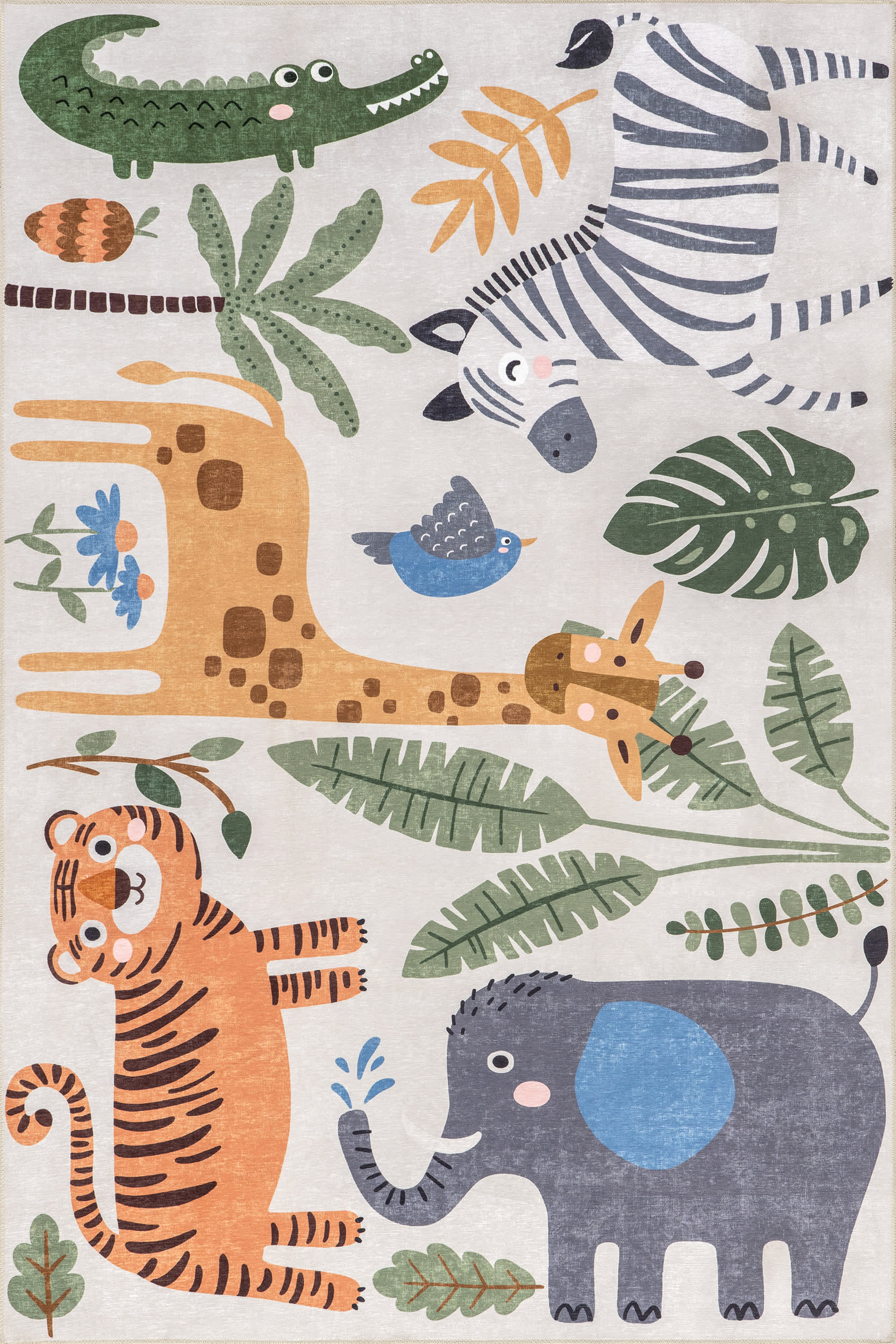 Debra Kids Spill Proof Washable Jungle Friends Rug | White Multicolor