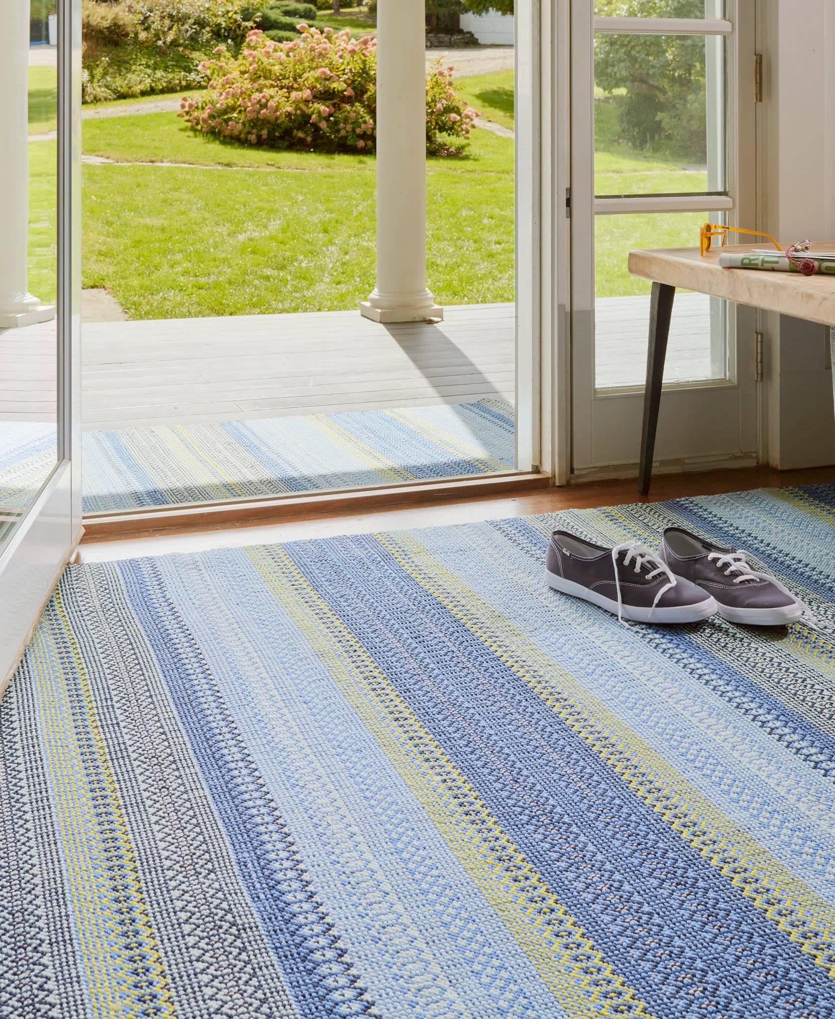 Fiesta Stripe French Blue/Green Handwoven Indoor/Outdoor Rug