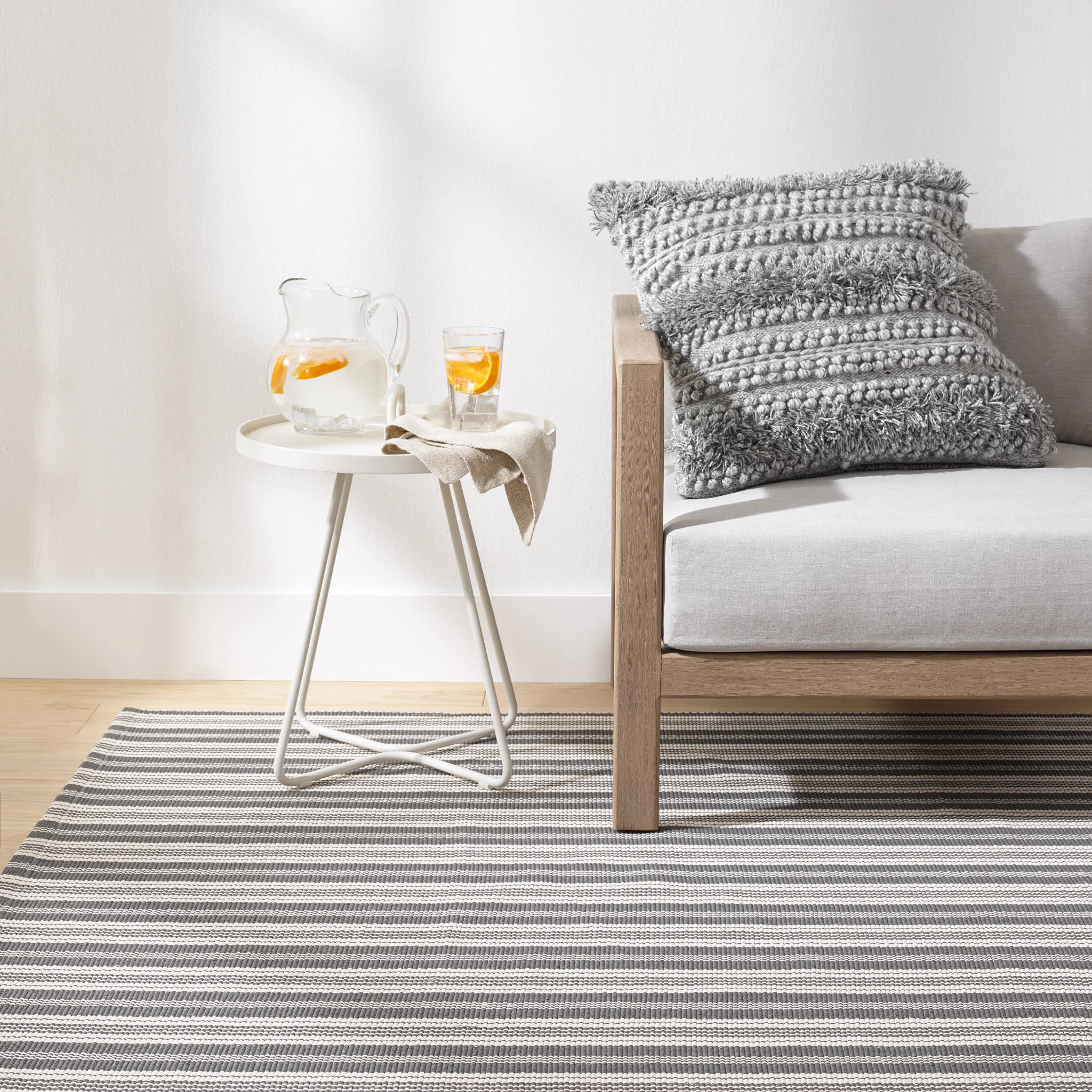 Ticking Stripe Grey/Ivory Handwoven Indoor/Outdoor Rug