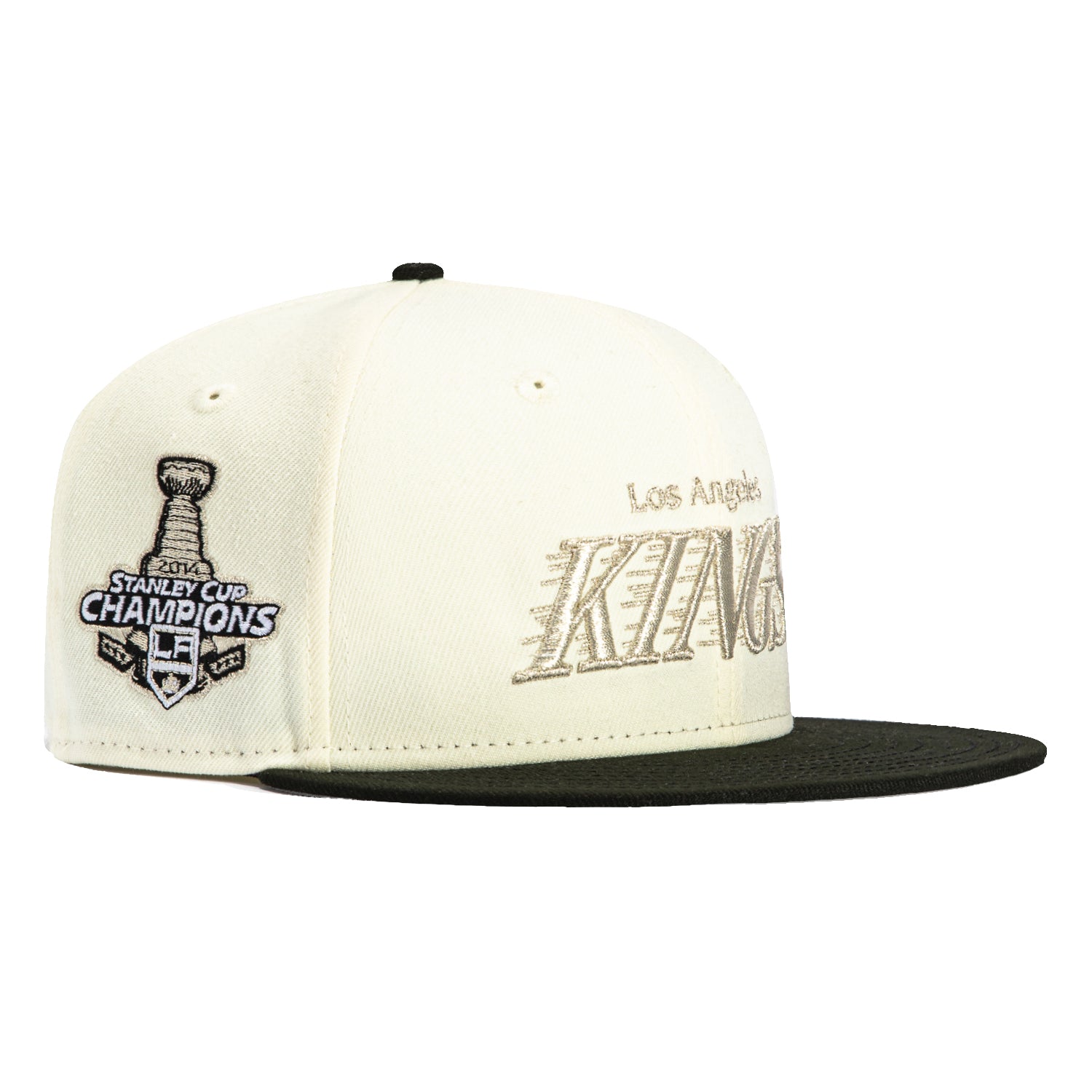 New Era 59Fifty Los Angeles Kings 2014 Stanley Cup Champions Patch Word Hat - White, Black, Metallic Silver