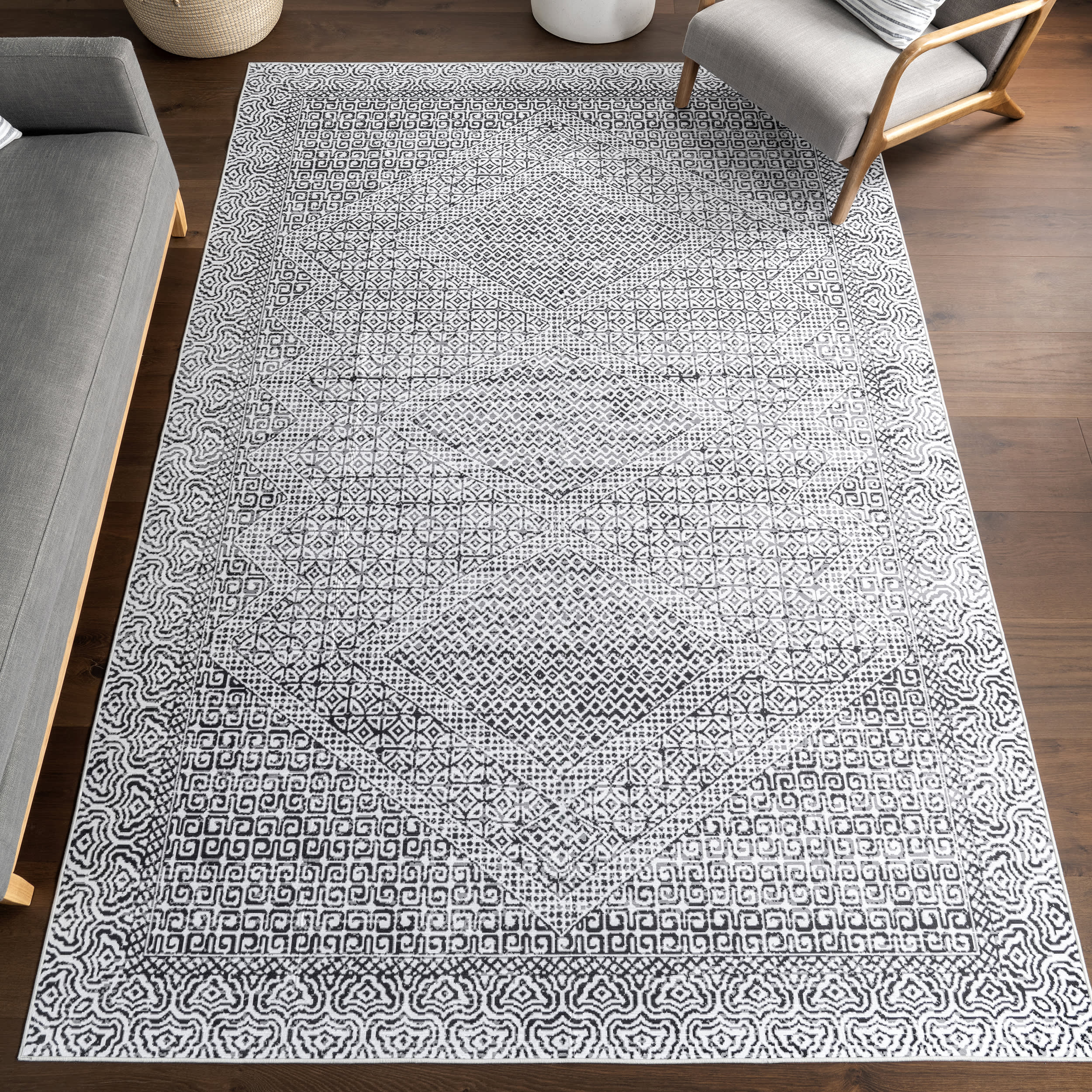 Diamond Mosaic Spill Proof Washable Rug | Grey