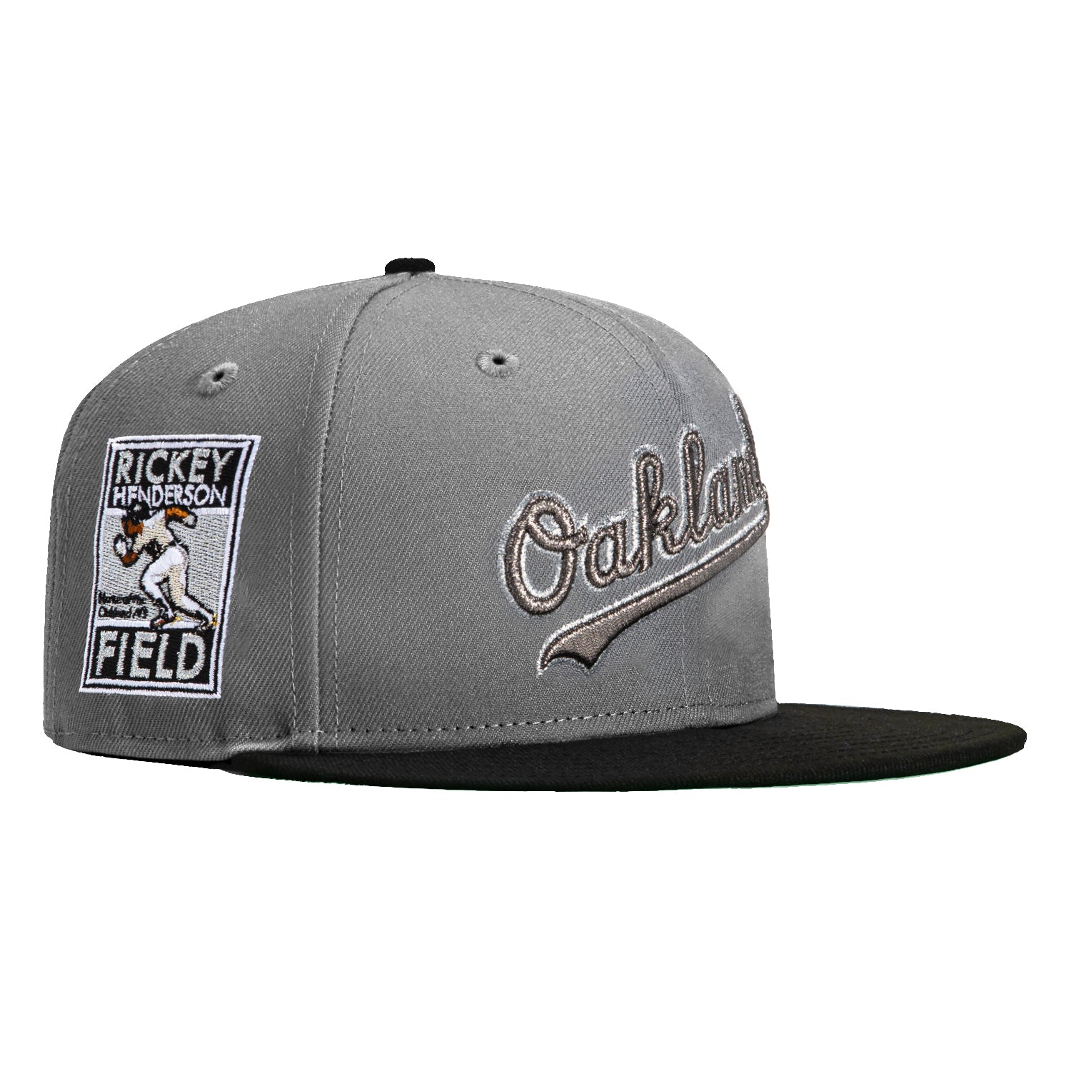 New Era 59Fifty Oakland Athletics Rickey Henderson Field Patch Script Hat - Storm Grey, Black