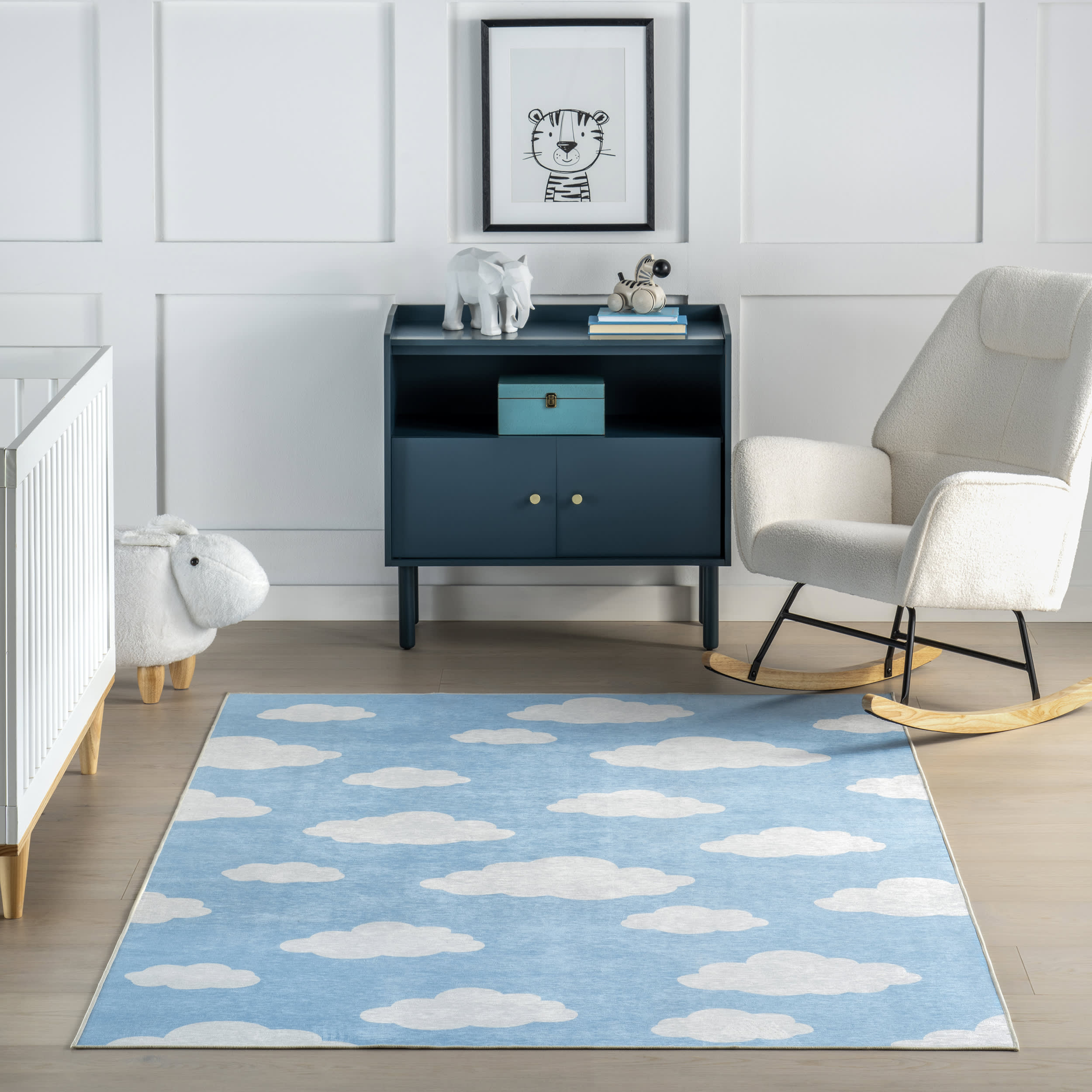 Landon Clouds Kids Spill Proof Washable Rug | Light Blue