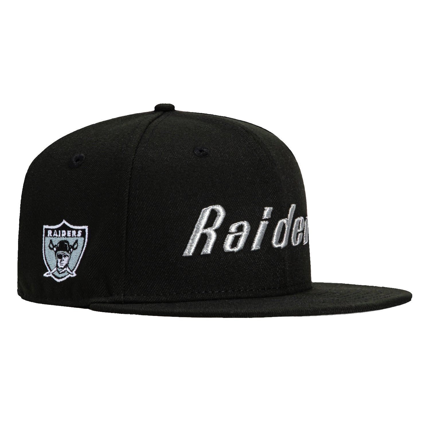 New Era 59Fifty Las Vegas Raiders Logo Patch Word Hat - Black, Metallic Silver