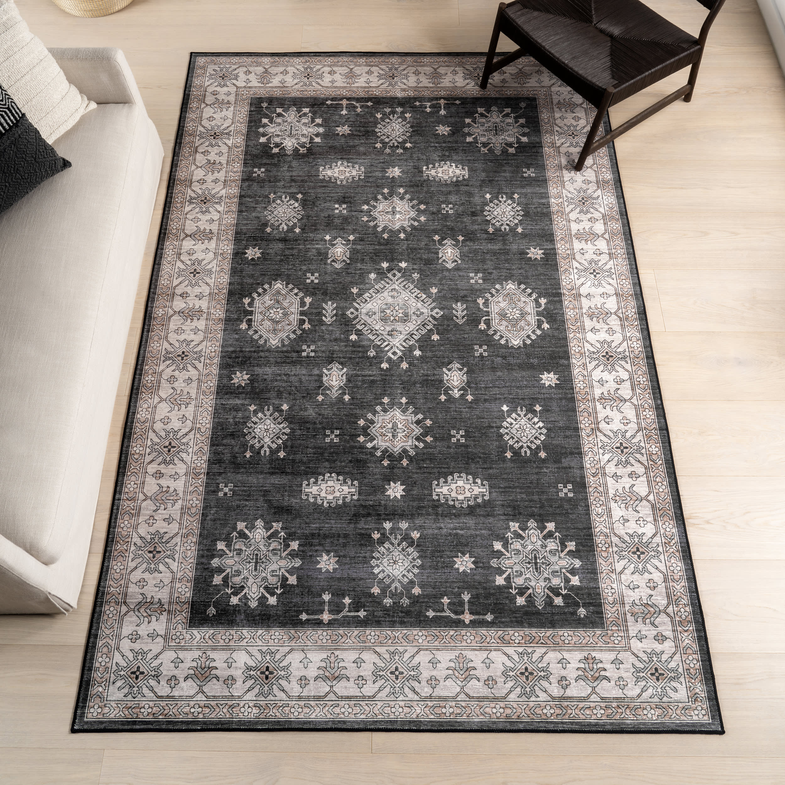 Andrea Bordered Spill Proof Washable Rug | Charcoal