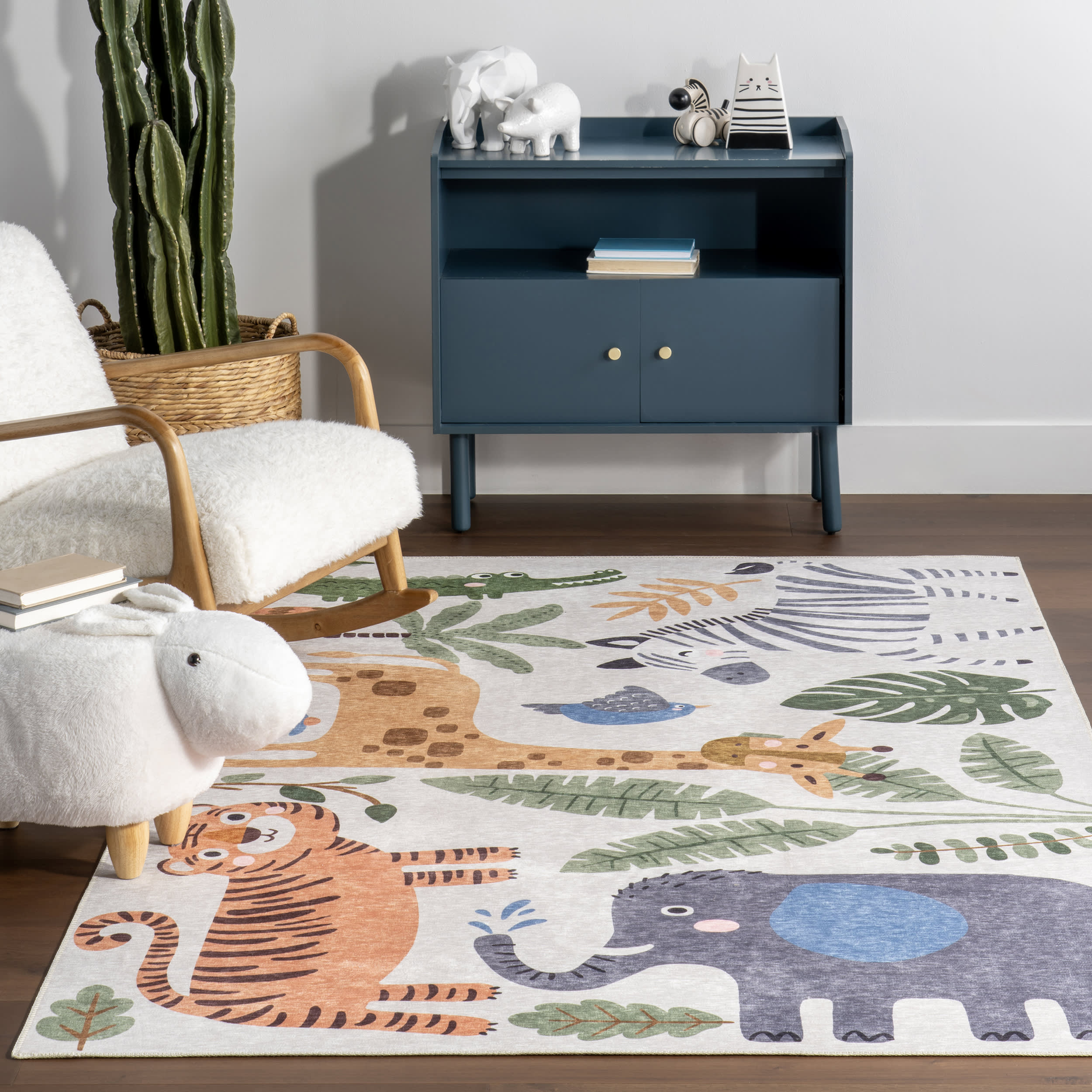 Debra Kids Spill Proof Washable Jungle Friends Rug | White Multicolor