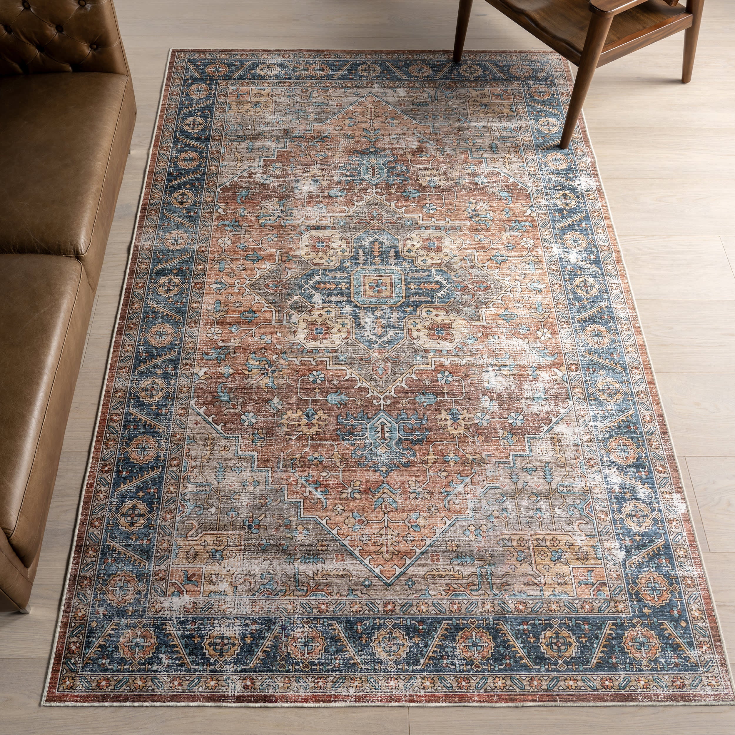 Azaria Medallion Spill Proof Washable Rug | Rust