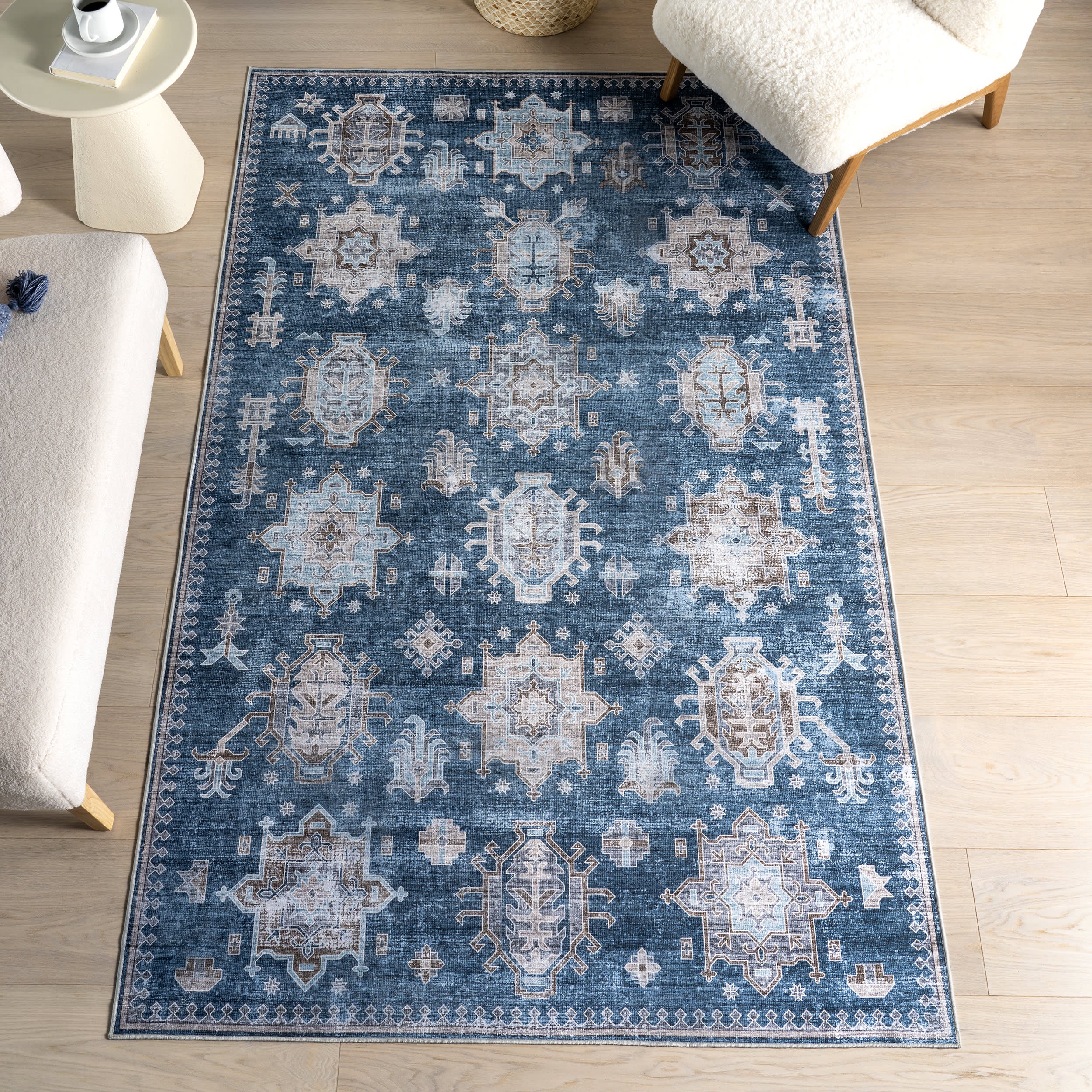 Brenda Hazy Heraldry Spill Proof Washable Rug | Blue