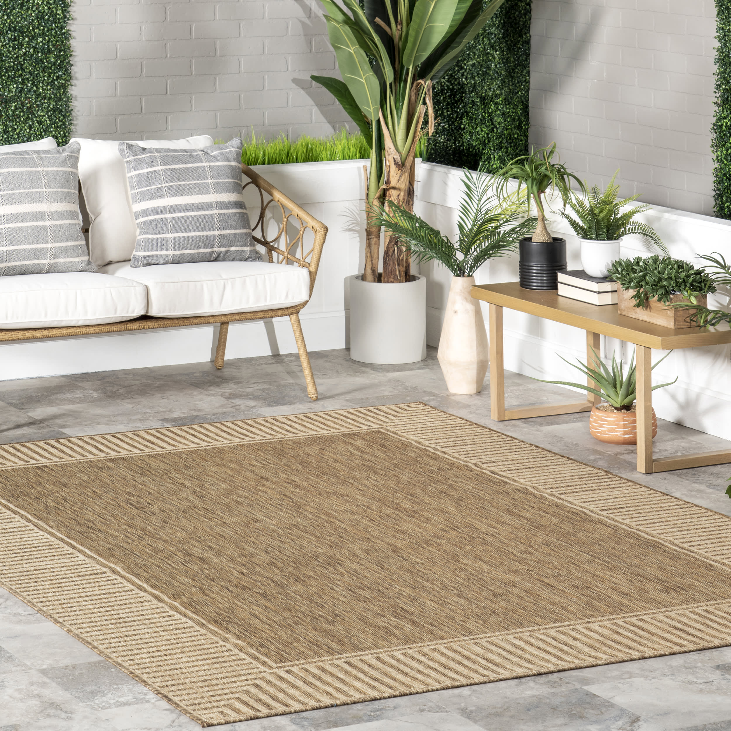 Striped Border Indoor/Outdoor Flatweave Rug | Light Brown