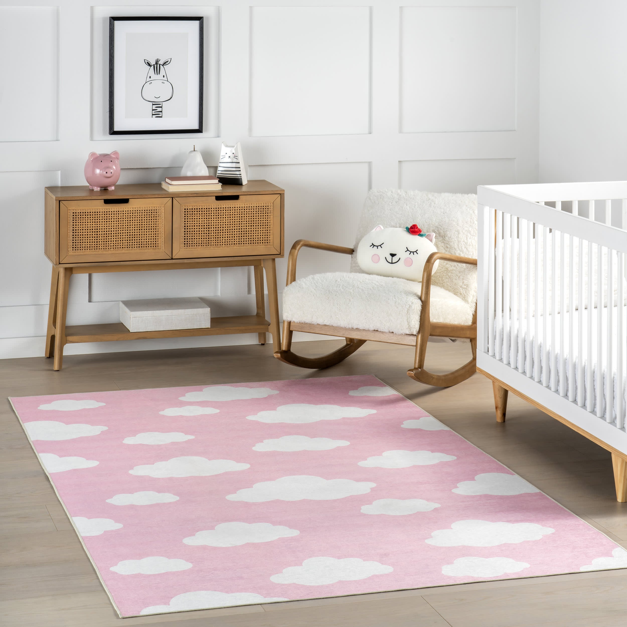 Landon Clouds Kids Spill Proof Washable Rug | Pink