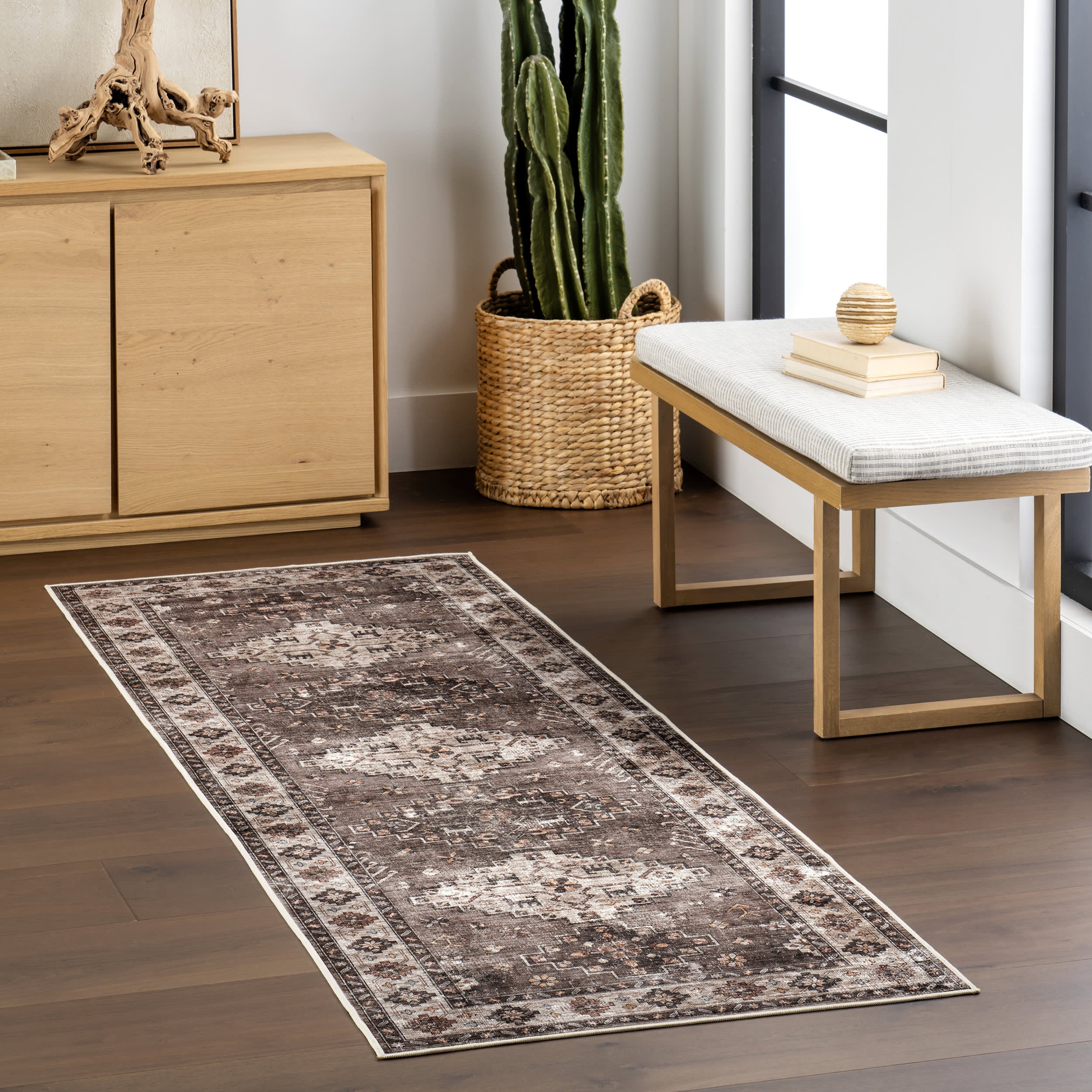 Barbary Distressed Spill Proof Washable Rug | Dark Brown