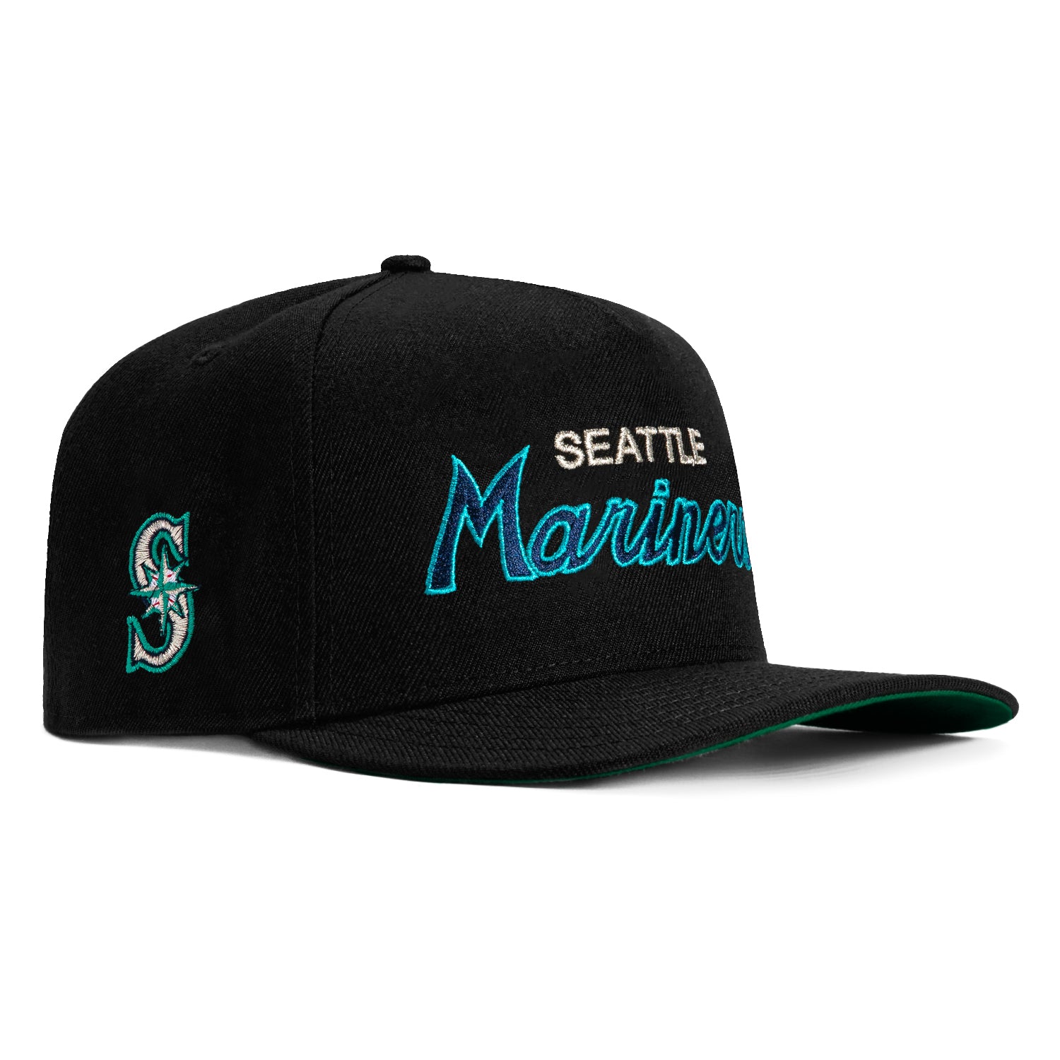 New Era 9Fifty A-Frame Seattle Mariners Logo Patch Script Snapback Hat - Black