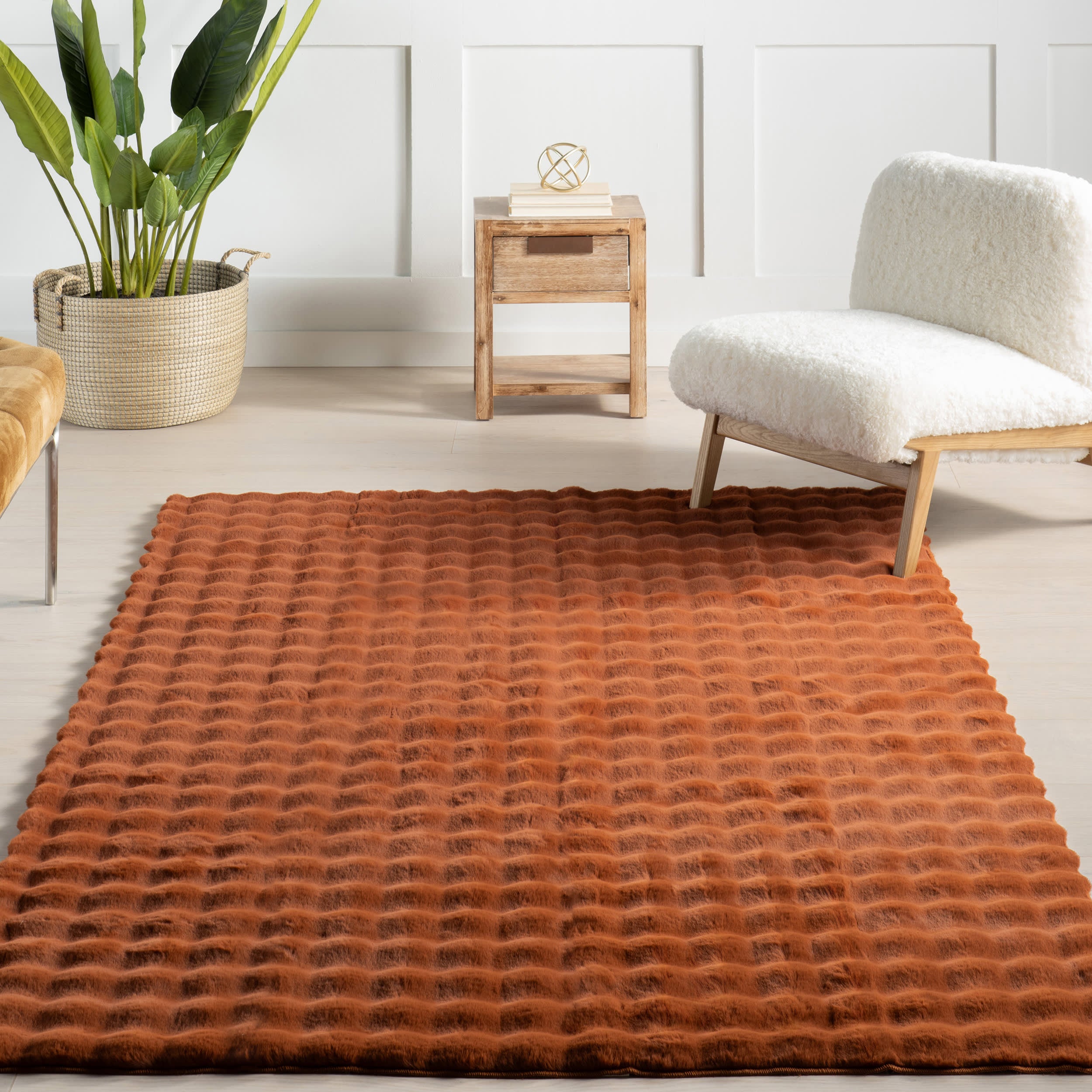 Ivana Checkered Plush Cloud Washable Rug | Brick