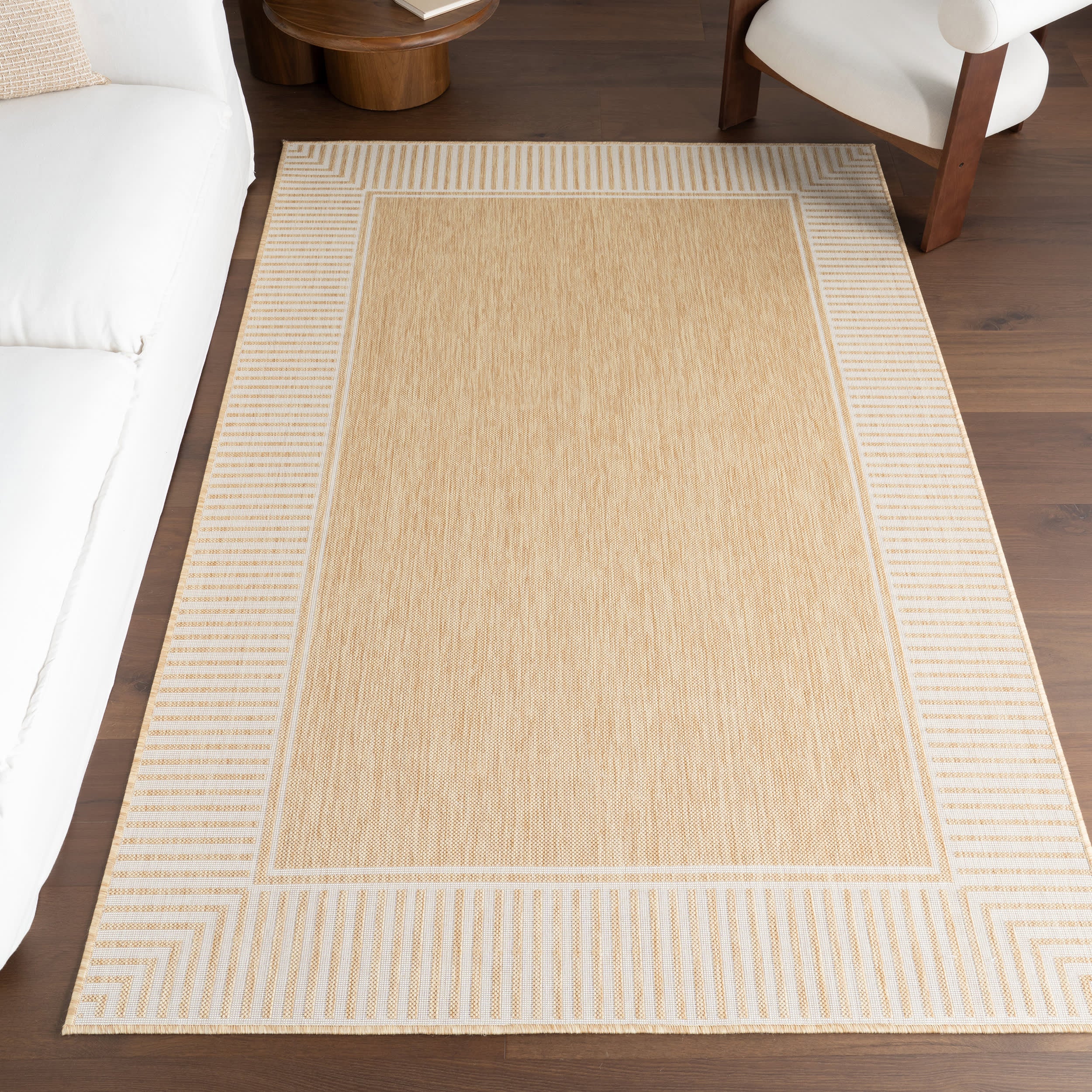 Striped Border Indoor/Outdoor Flatweave Rug | Tan