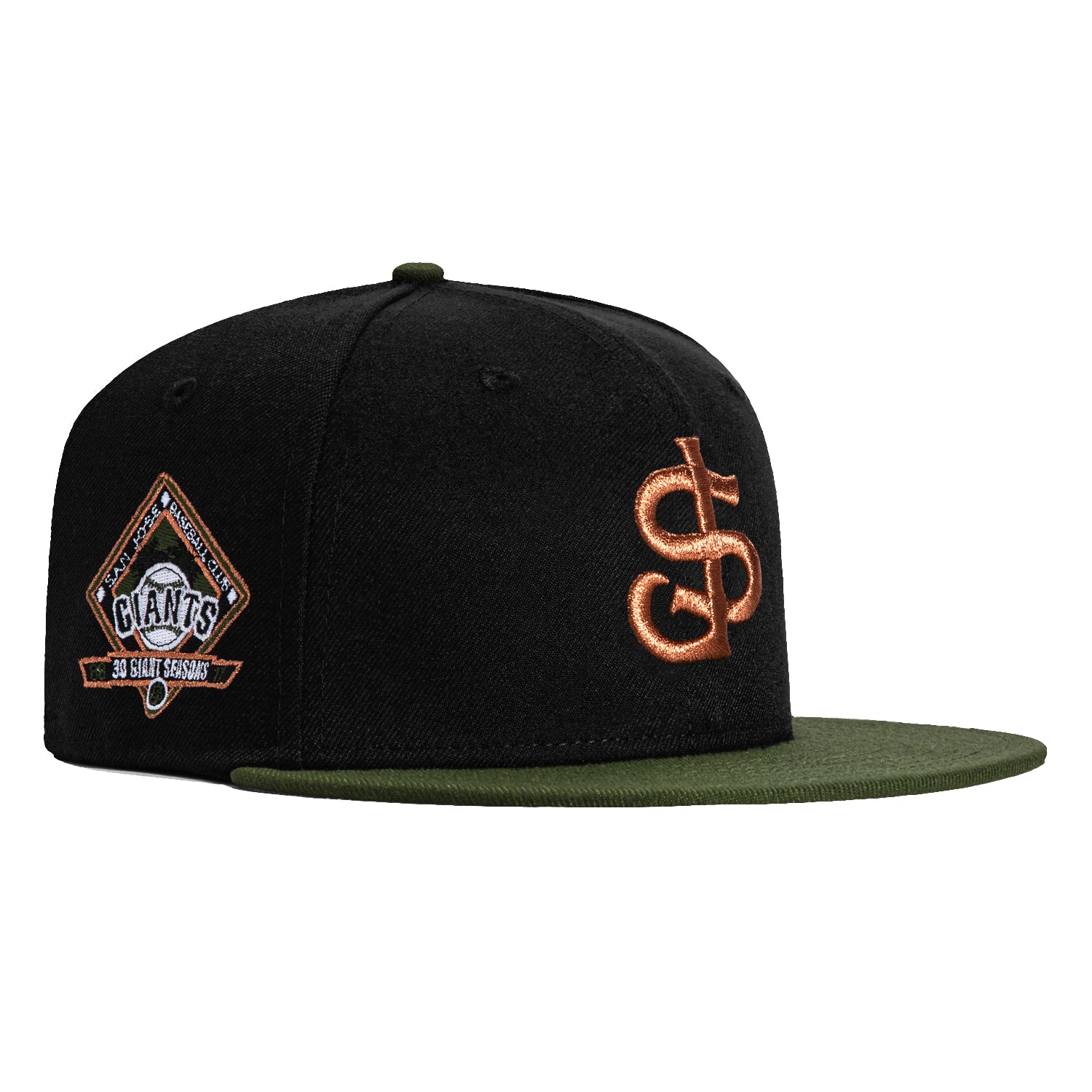 New Era 59Fifty San Jose Giants 30th Anniversary Patch Hat - Black, Olive, Metallic Copper