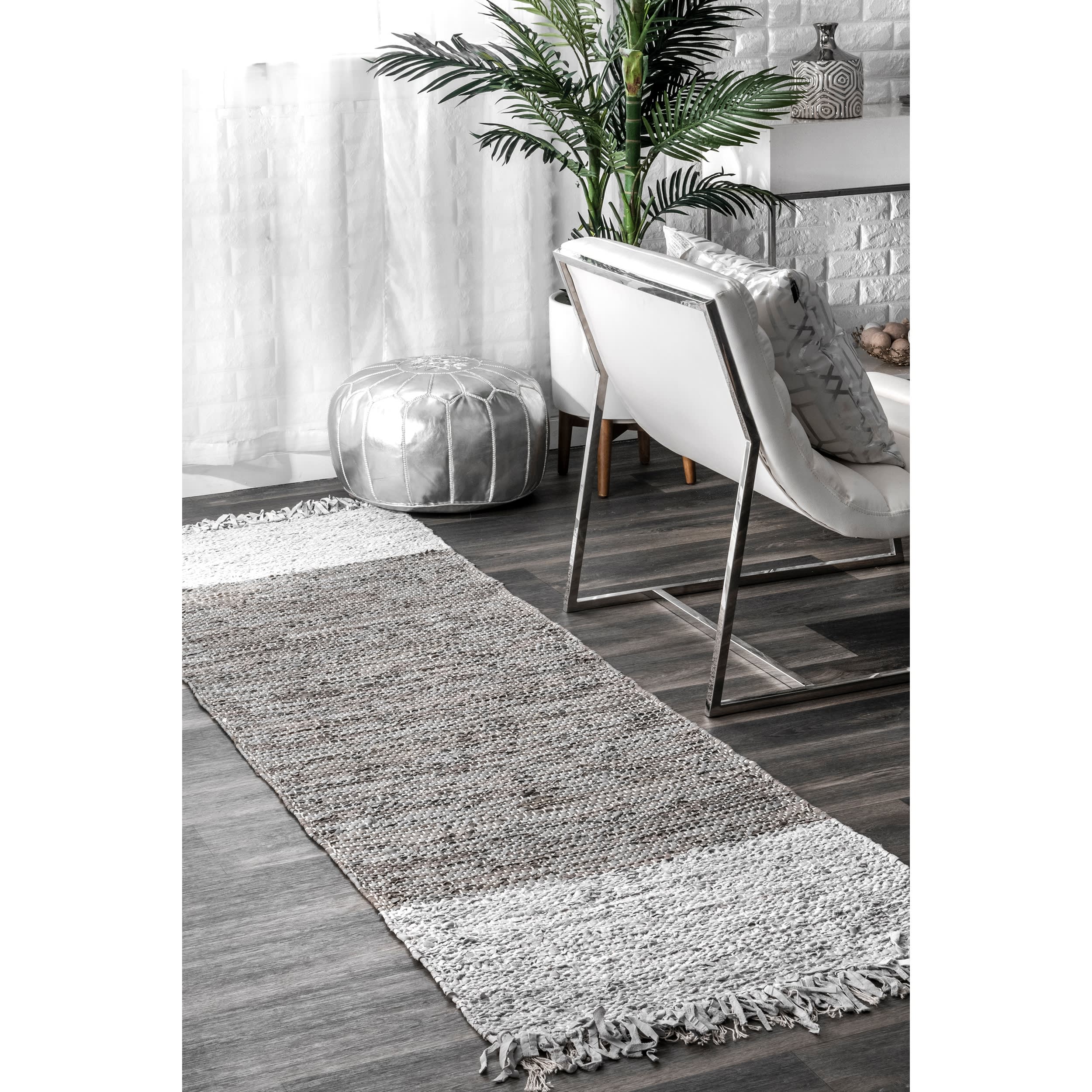 Bordered Leather Tassel Rug | Grey