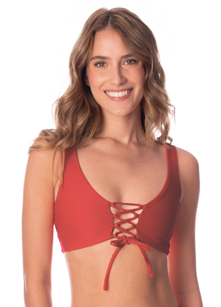 Maaji Red Camelia Allure Long Line Triangle Bikini Top