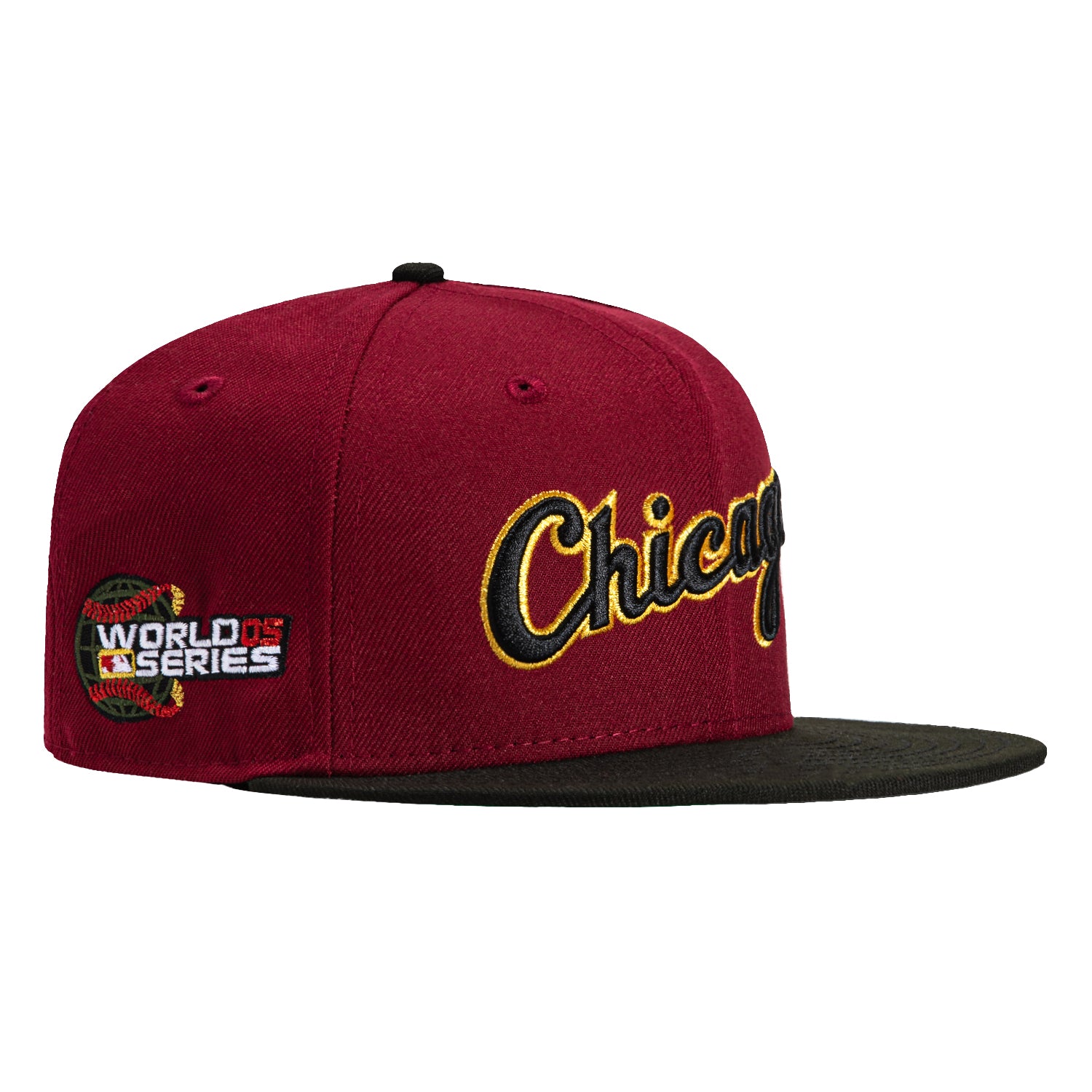 New Era 59Fifty Chicago White Sox 2005 World Series Patch Script Hat - Cardinal, Black, Metallic Gold