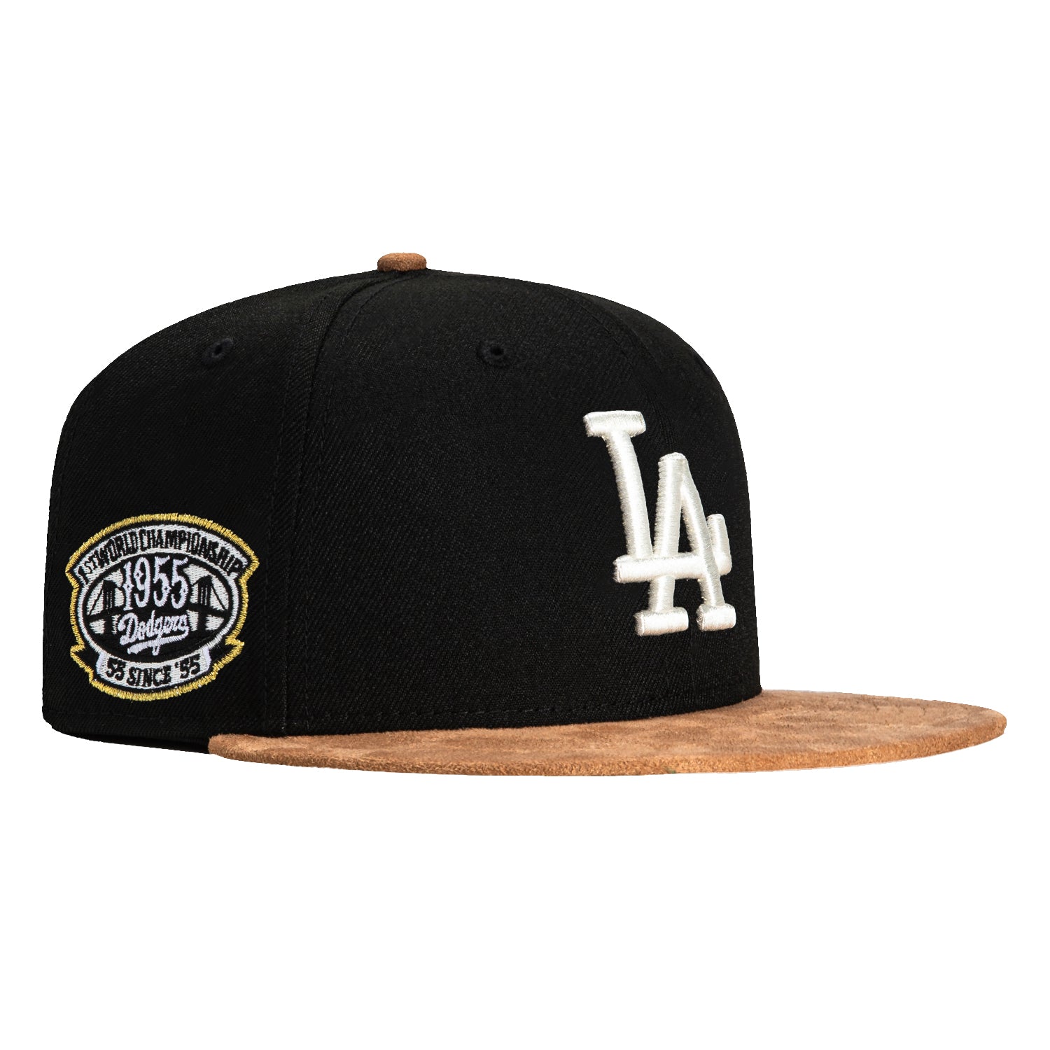 New Era 59Fifty Suede Visor Los Angeles Dodgers 1955 World Series Patch Hat - Black, Tan