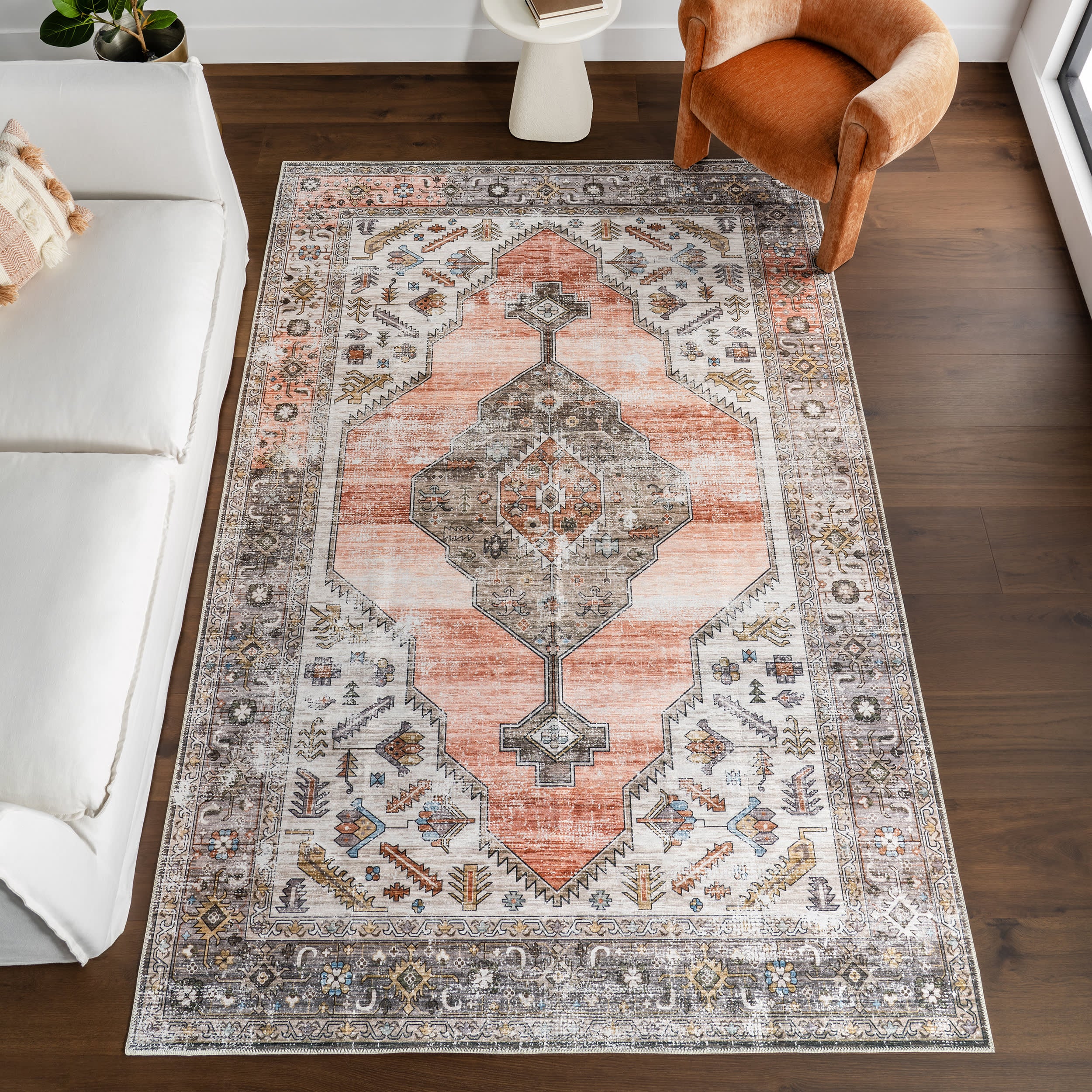 Native Iris Medallion Spill Proof Washable Rug | Peach