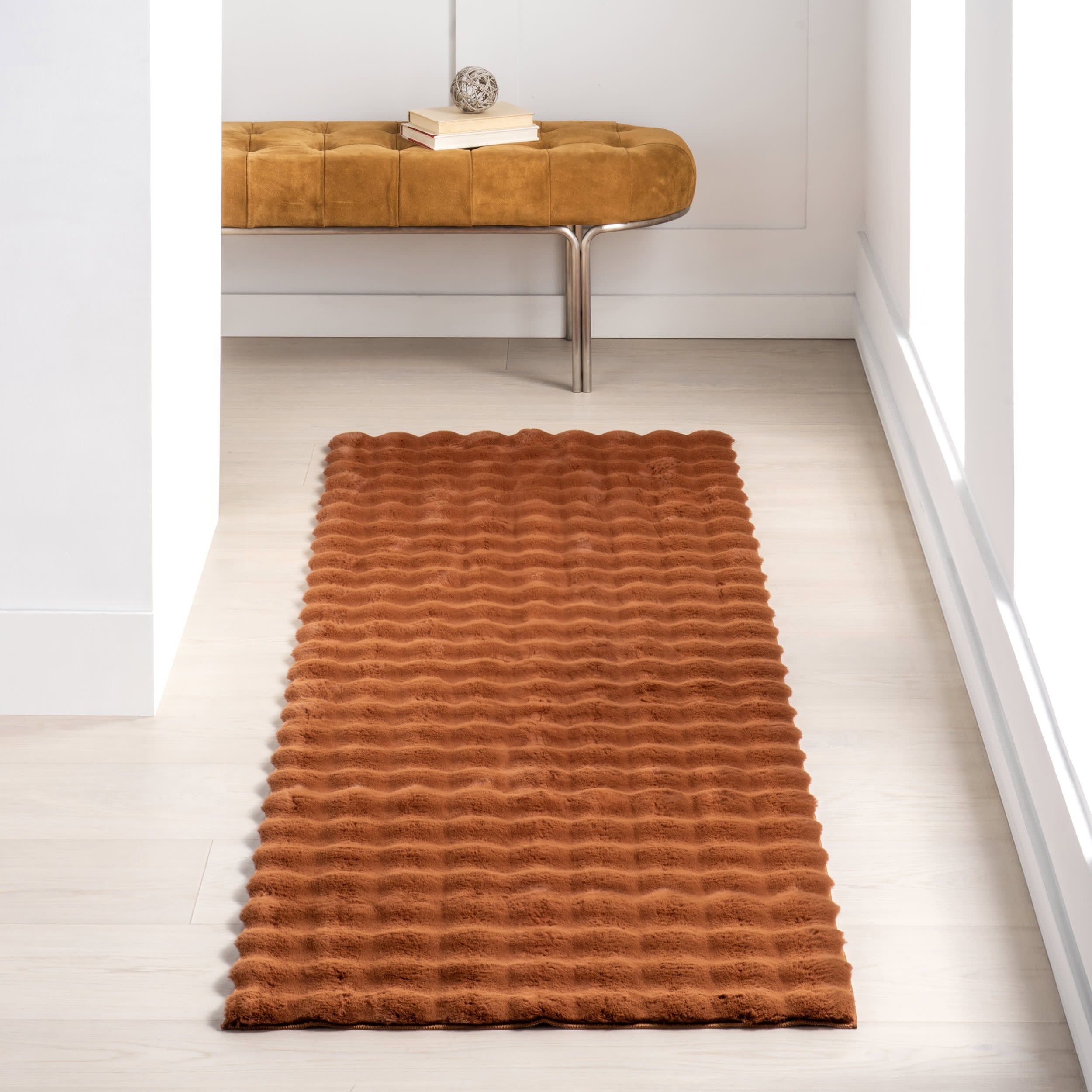 Ivana Checkered Plush Cloud Washable Rug | Brick