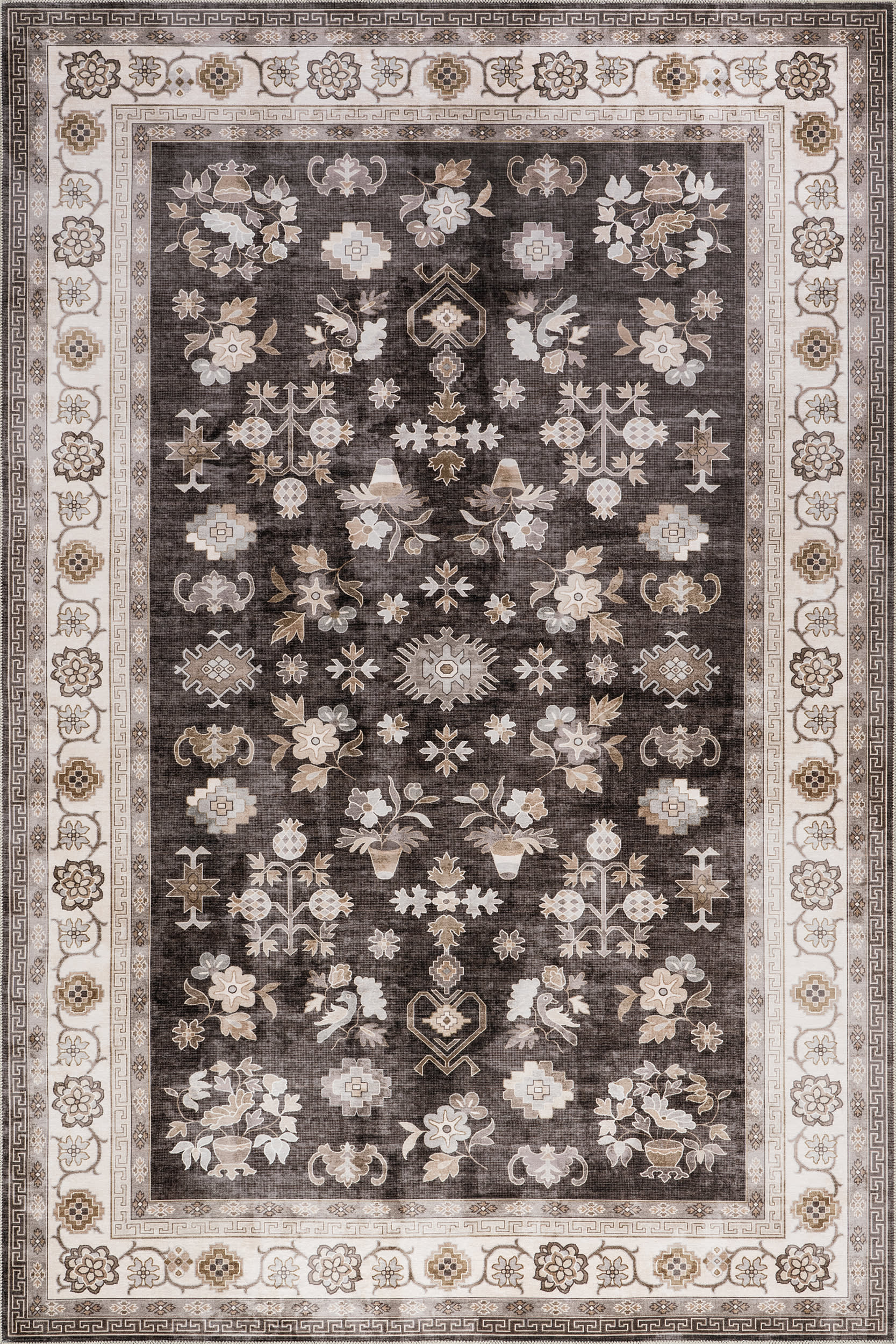 Dayflower Vintage Spill Proof Washable Rug | Brown