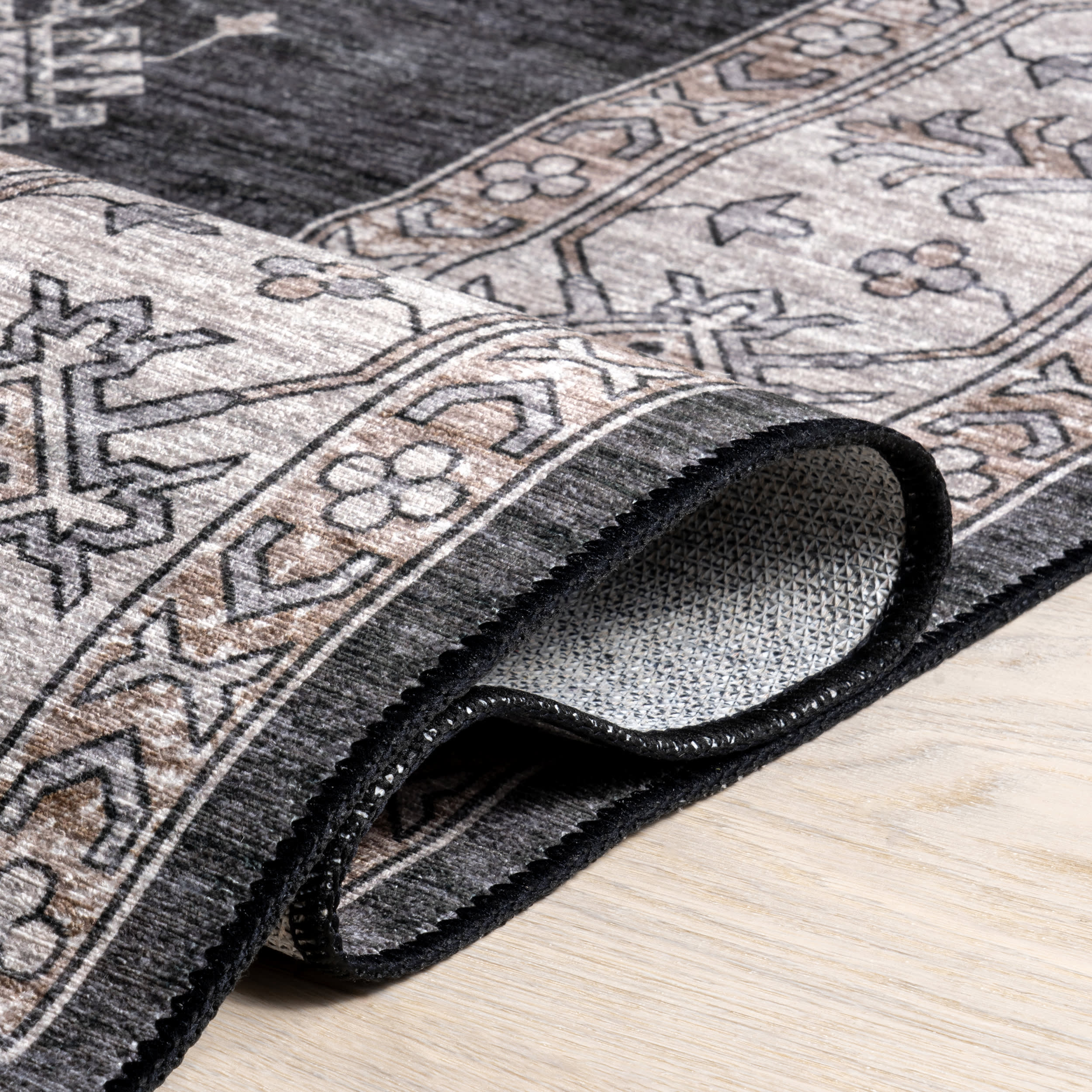 Andrea Bordered Spill Proof Washable Rug | Charcoal