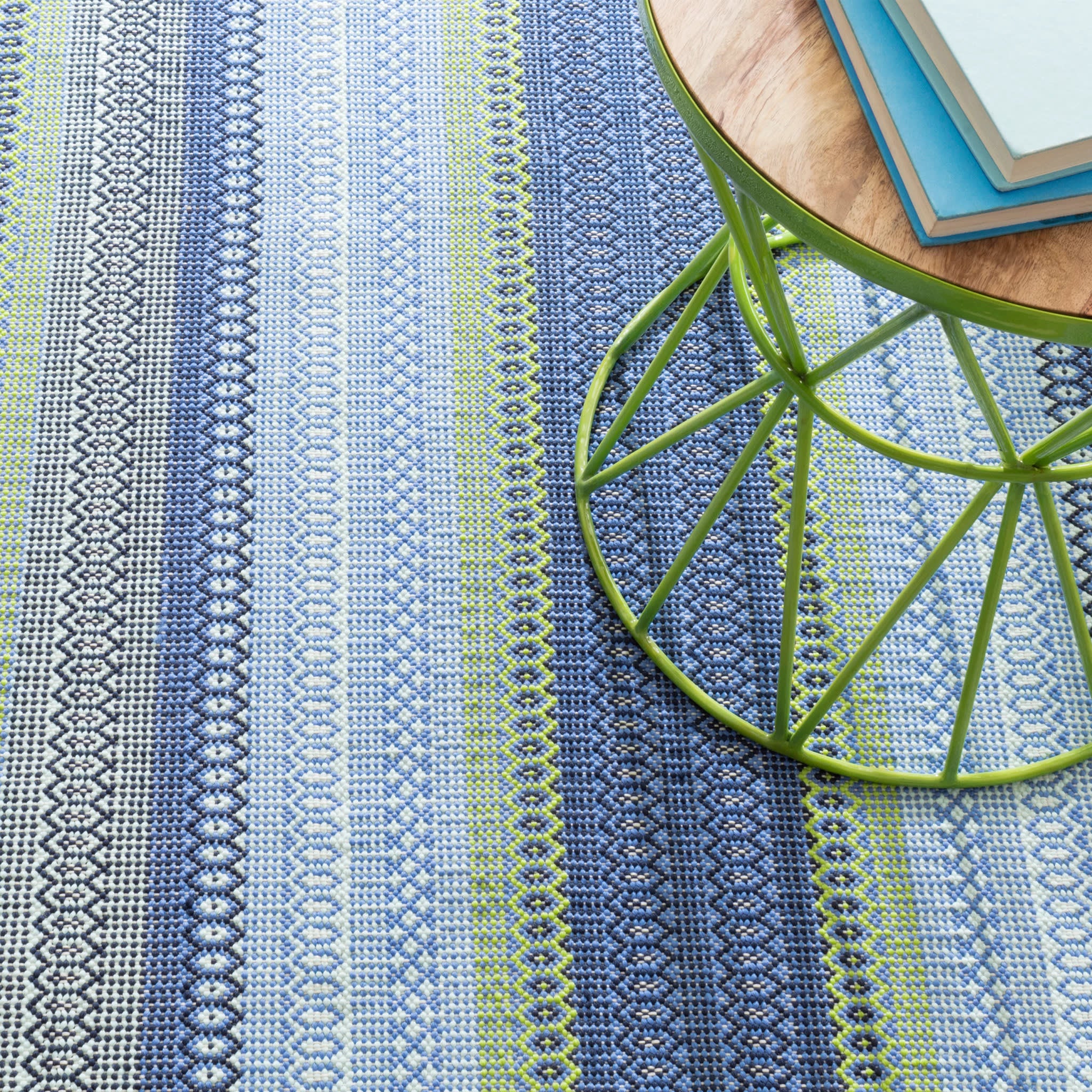 Fiesta Stripe French Blue/Green Handwoven Indoor/Outdoor Rug