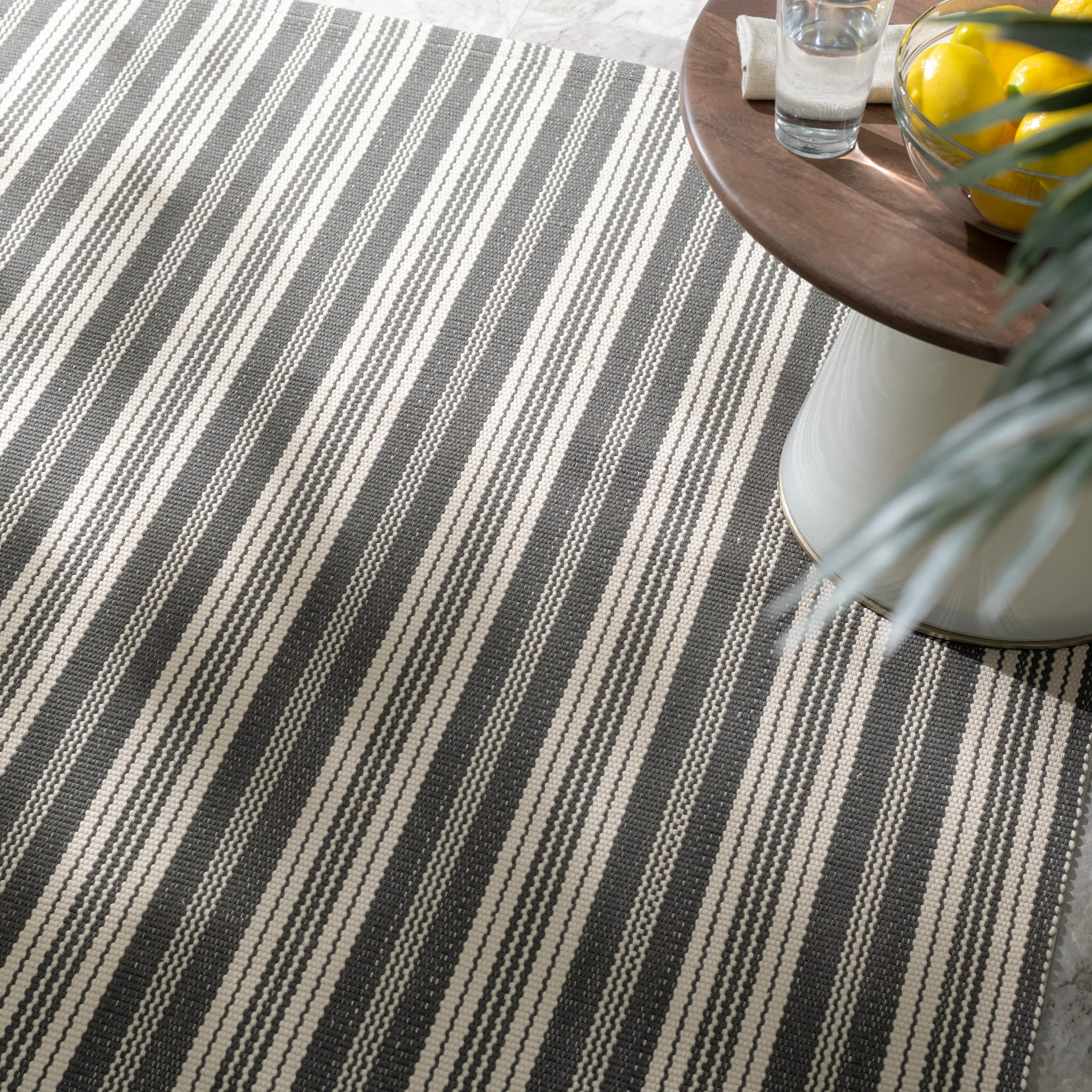 Ticking Stripe Grey/Ivory Handwoven Indoor/Outdoor Rug