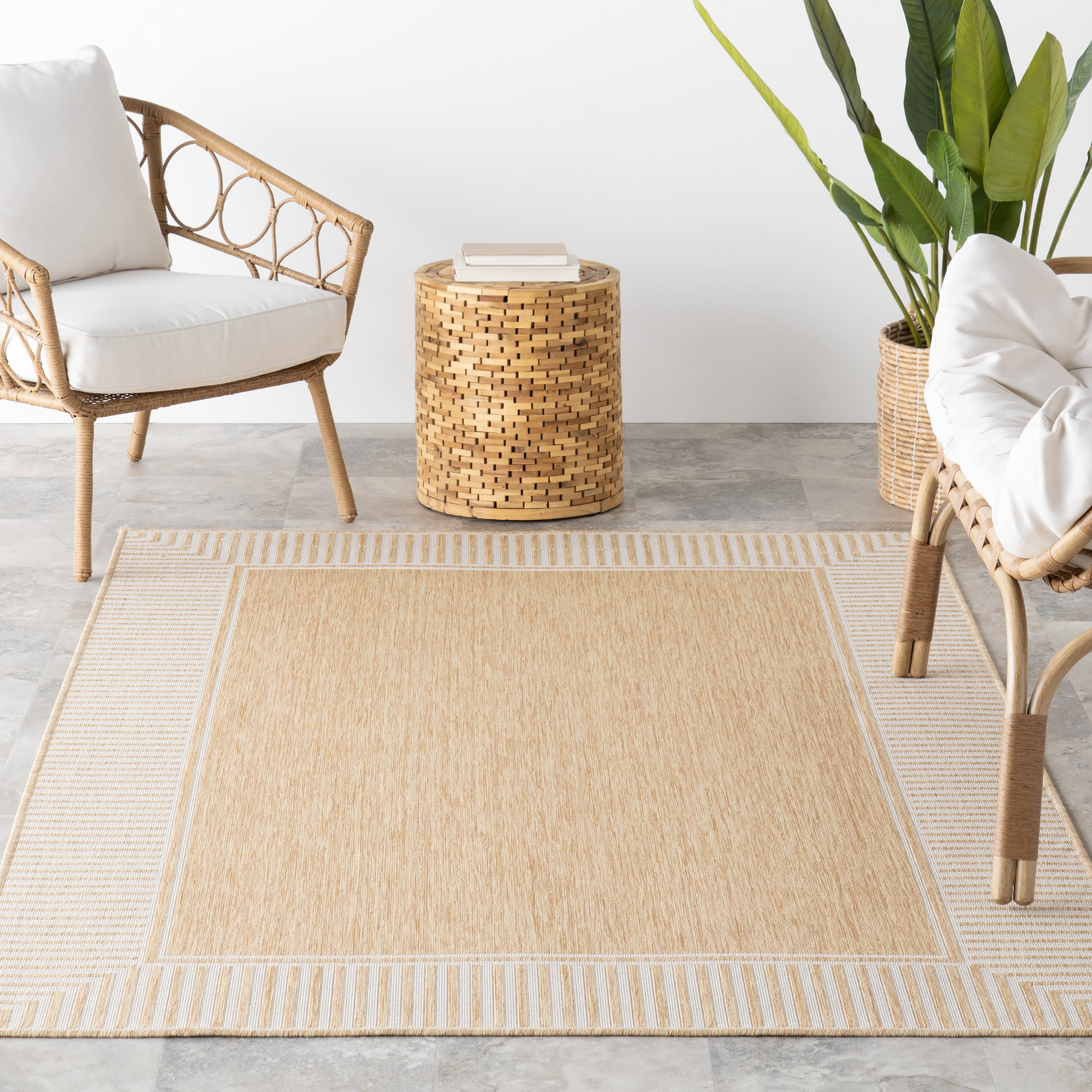 Striped Border Indoor/Outdoor Flatweave Rug | Tan