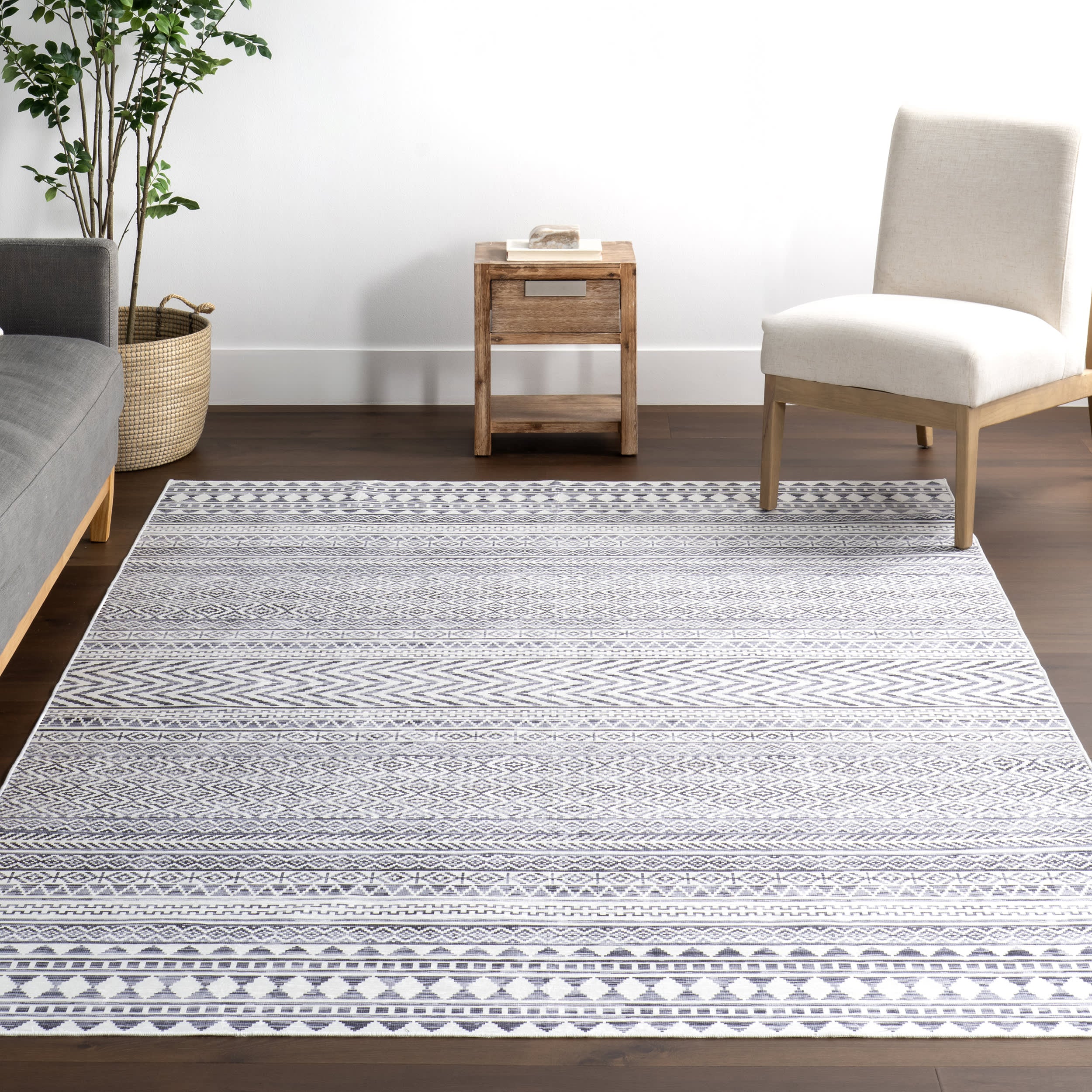 Tribal Banded Spill Proof Washable Rug | Grey