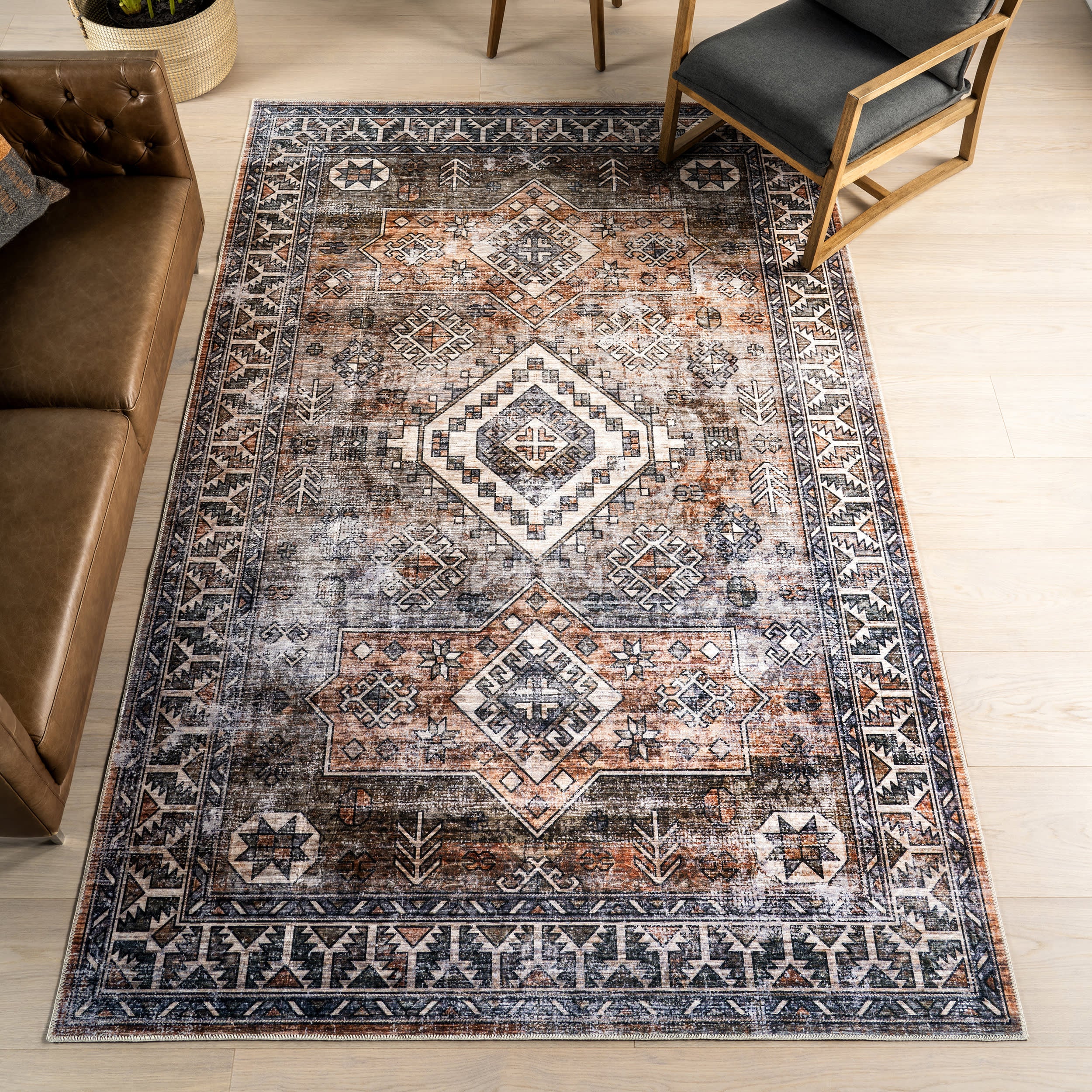 Faded Geometric Spill Proof Washable Rug | Rust