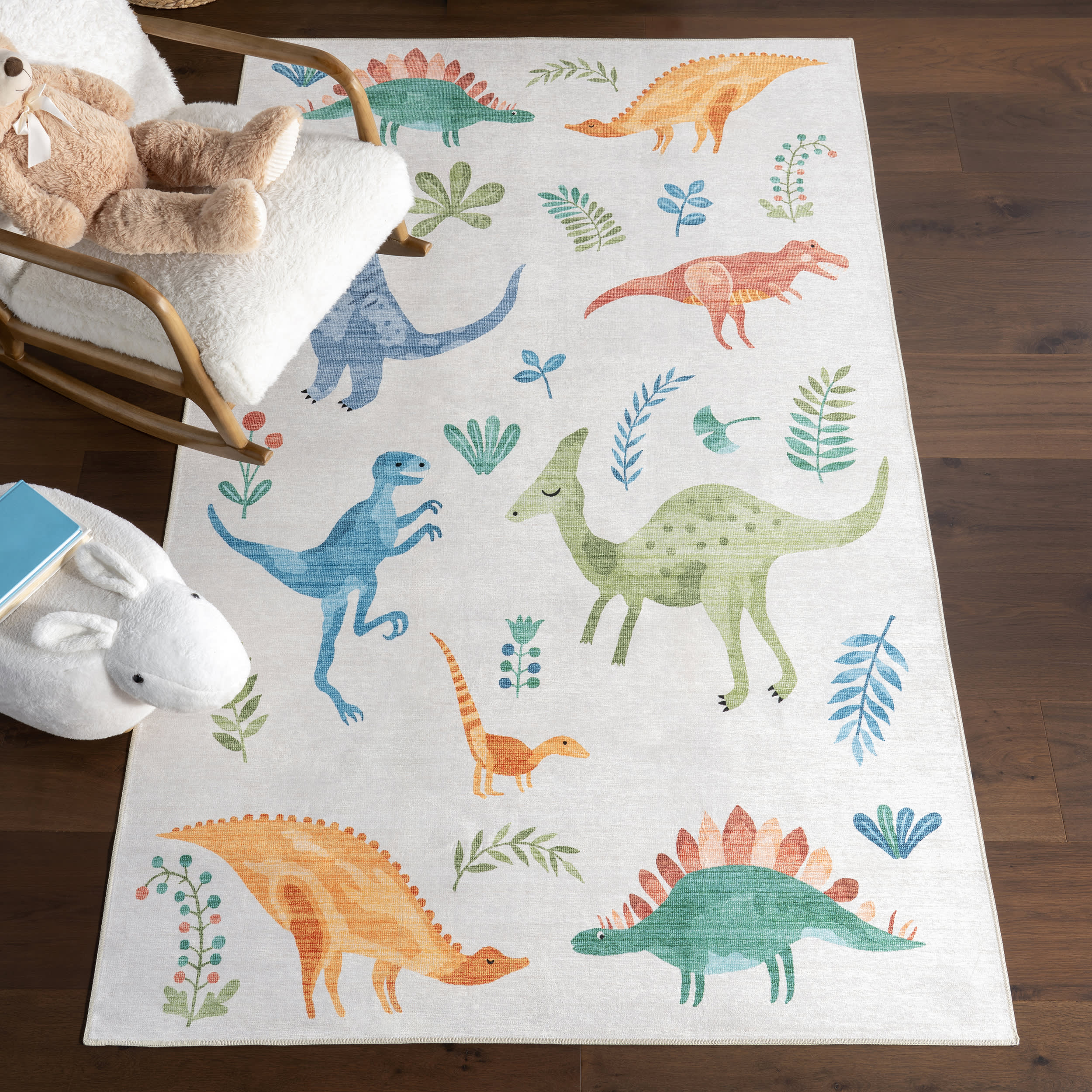 Kayleigh Kids Spill Proof Washable Dinosaur Rug | White Multicolor