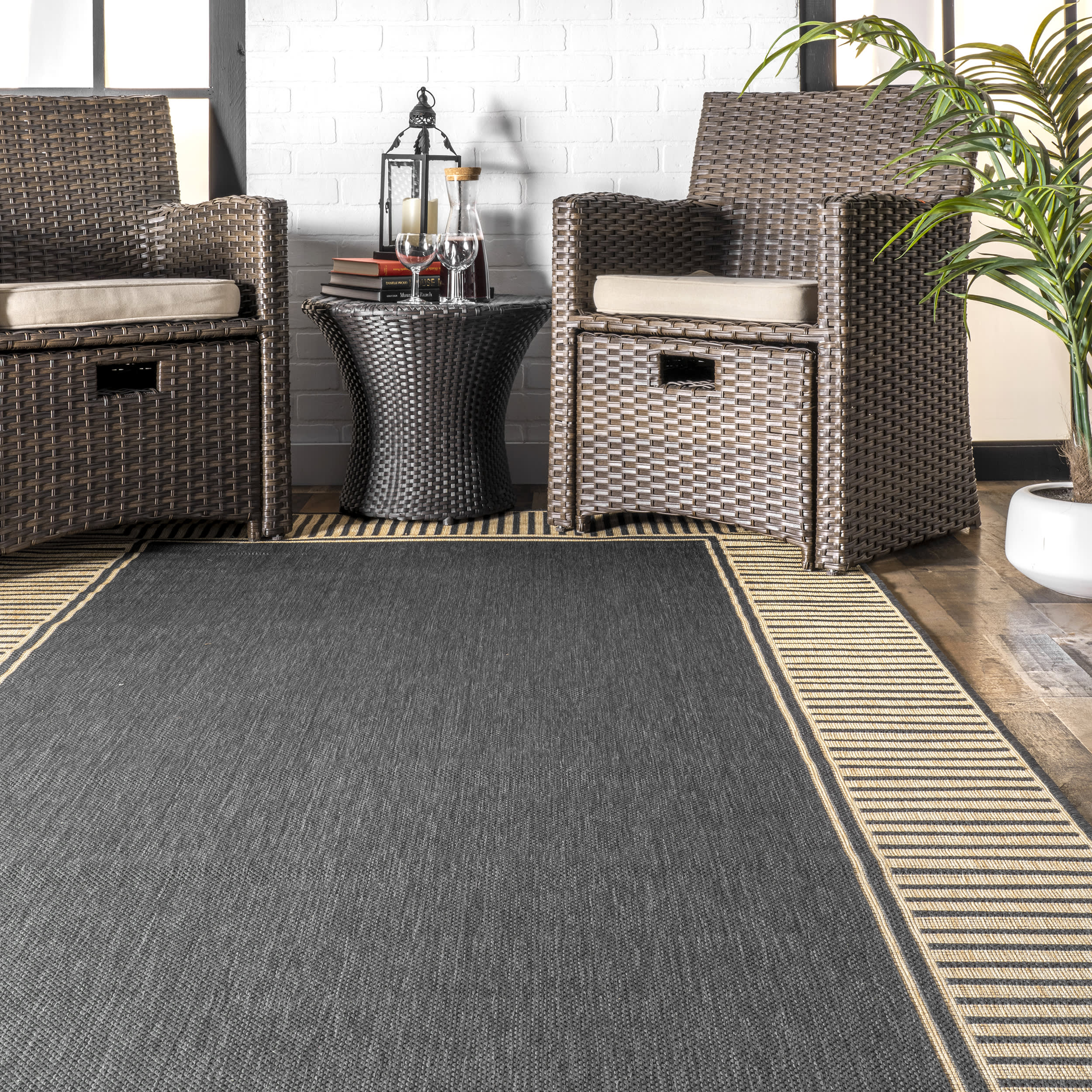 Striped Border Indoor/Outdoor Flatweave Rug | Dark Grey