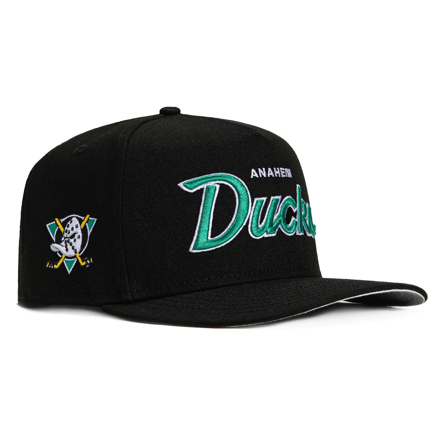 New Era 9Fifty A-Frame Anaheim Ducks Logo Patch Snapback Script Hat - Black, Teal