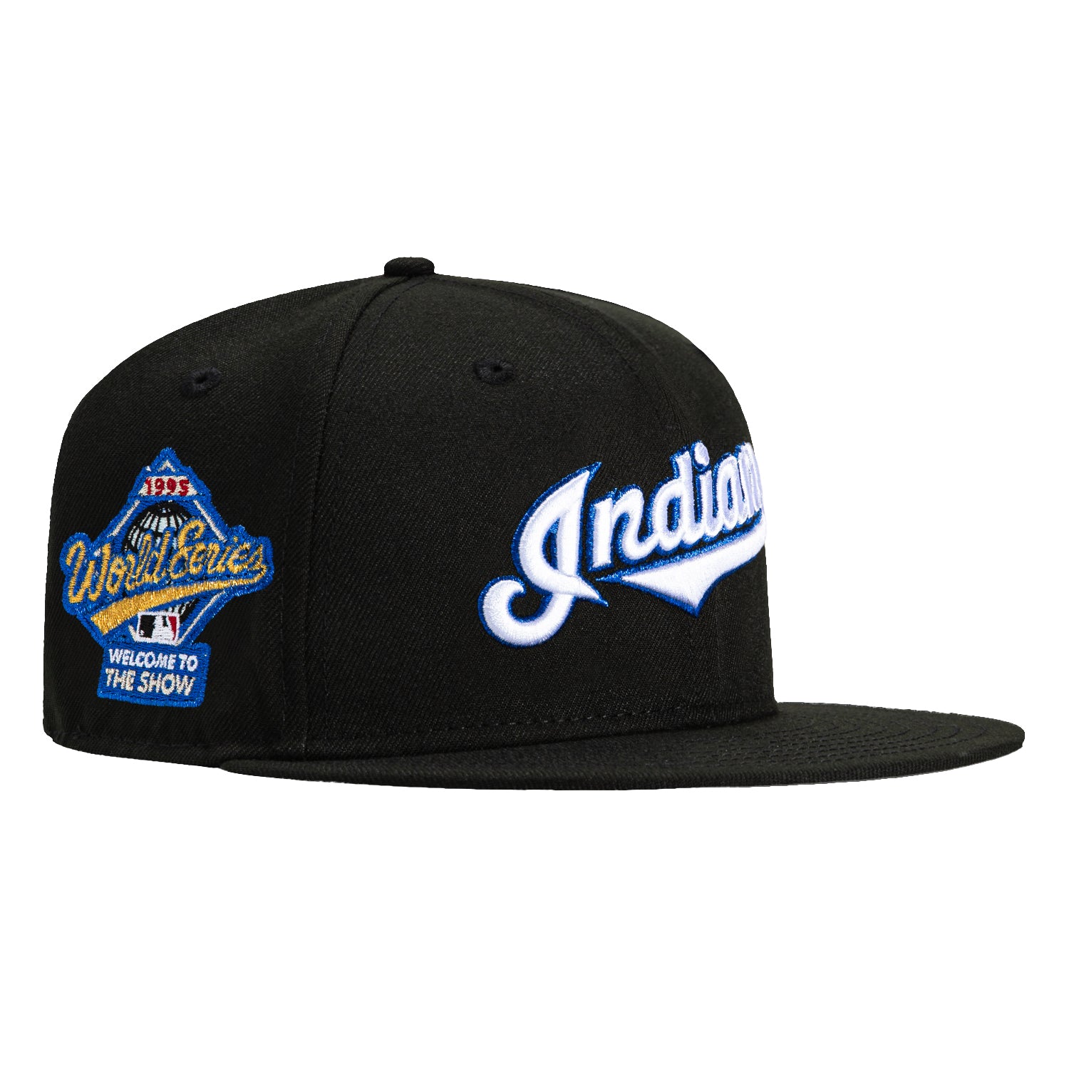 New Era 59Fifty Cleveland Indians 1995 World Series Patch Script Hat - Black, White, Royal