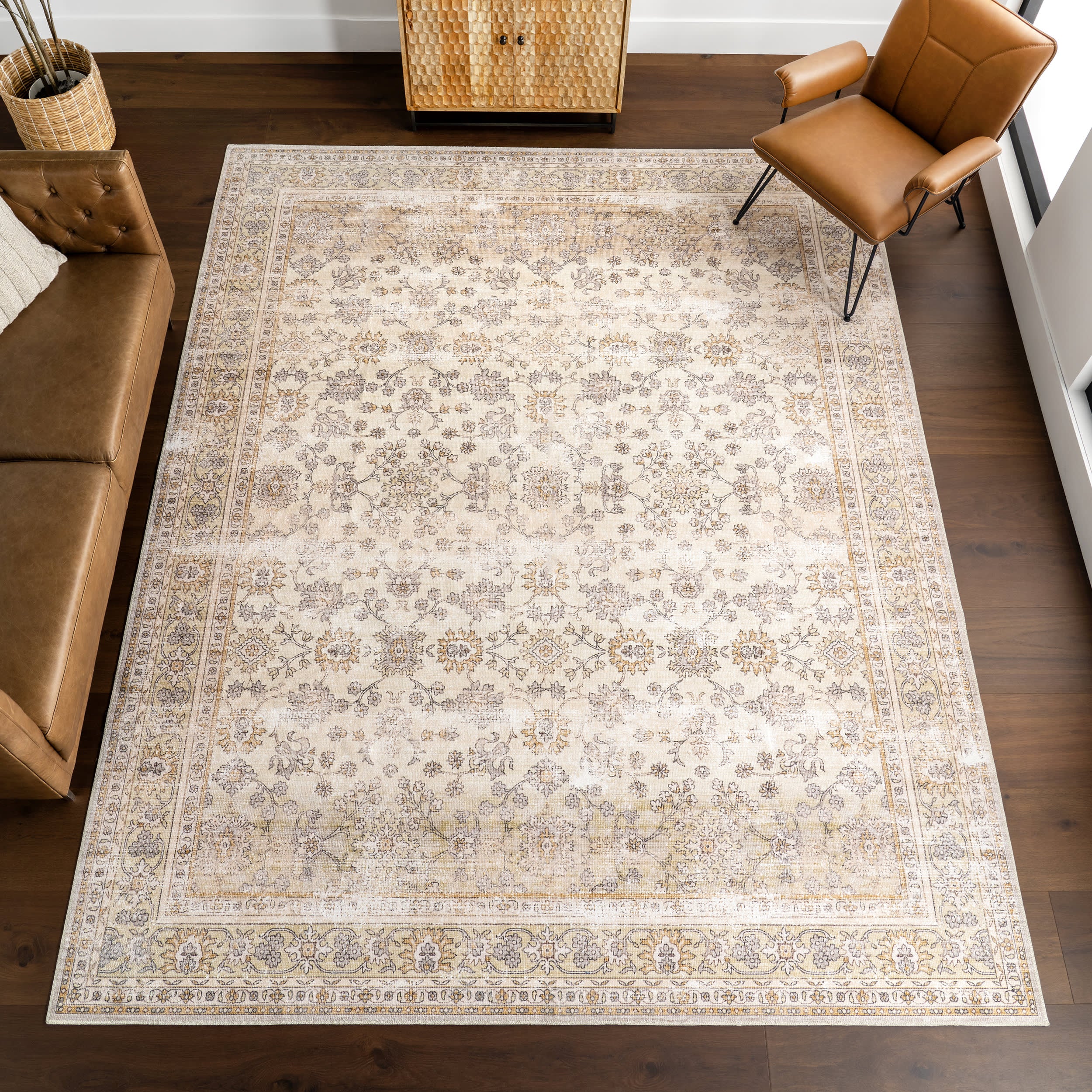 Meena Fading Garden Spill Proof Washable Rug | Beige