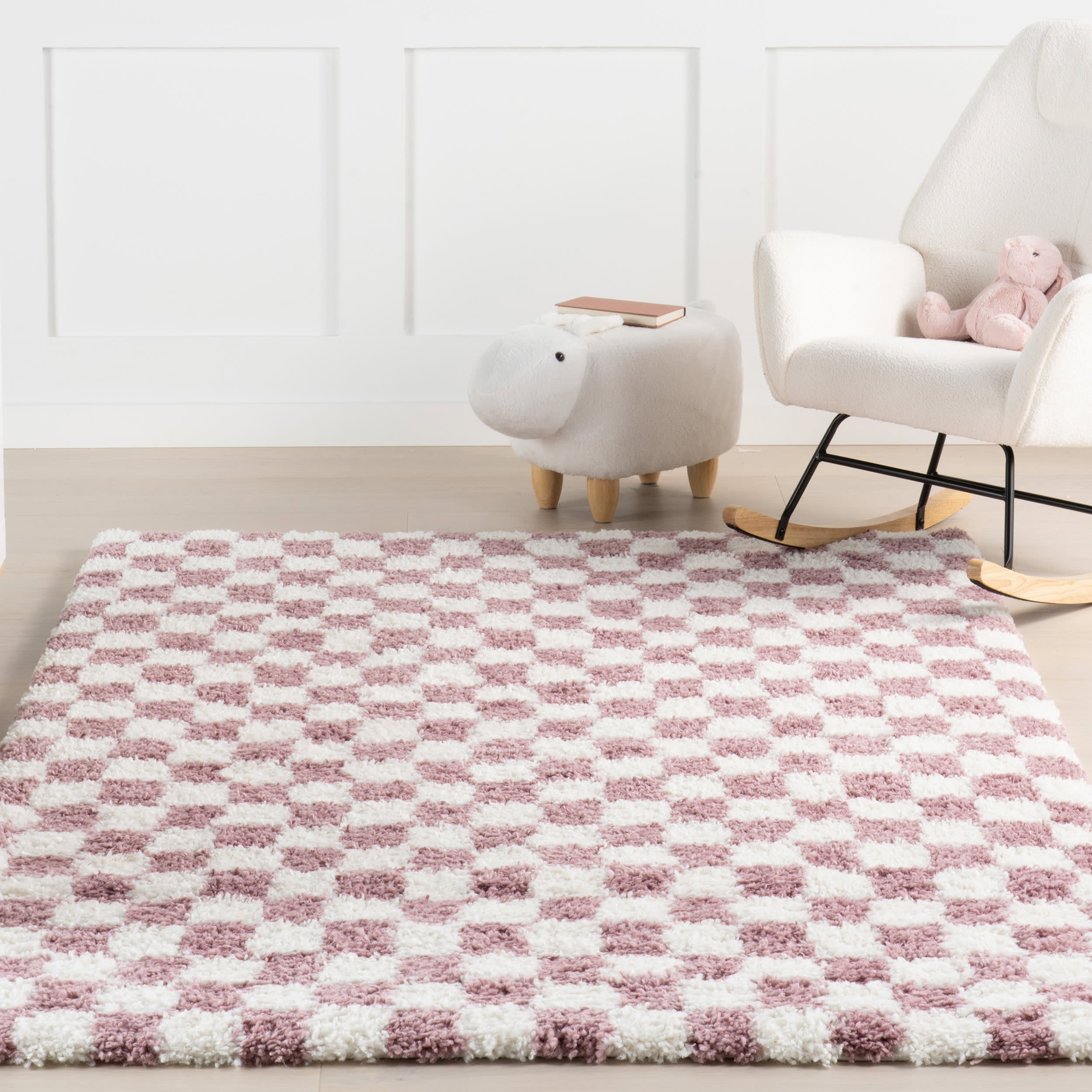 Bettie Retro Checkered Shag Rug | Pink