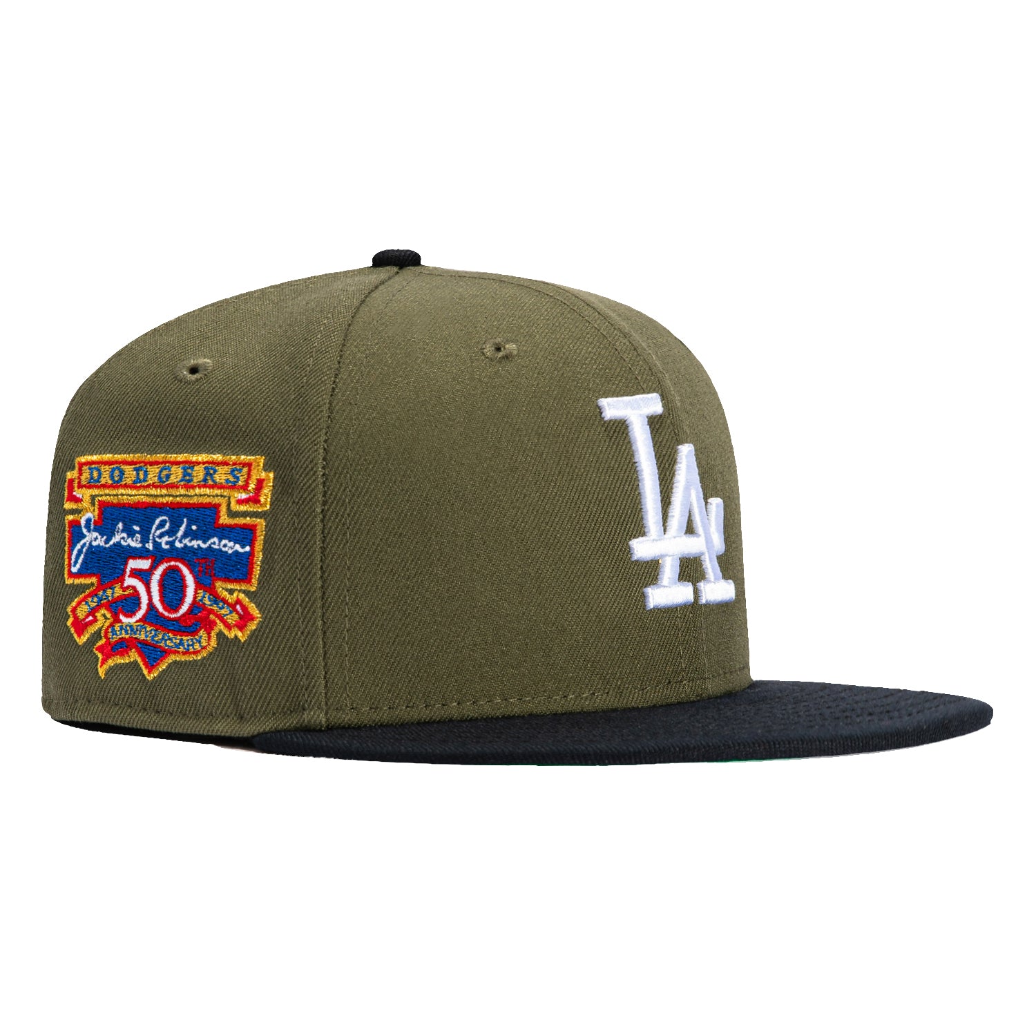 New Era 59Fifty Los Angeles Dodgers Jackie Robinson 50th Anniversary Patch Hat - Olive, Navy, White