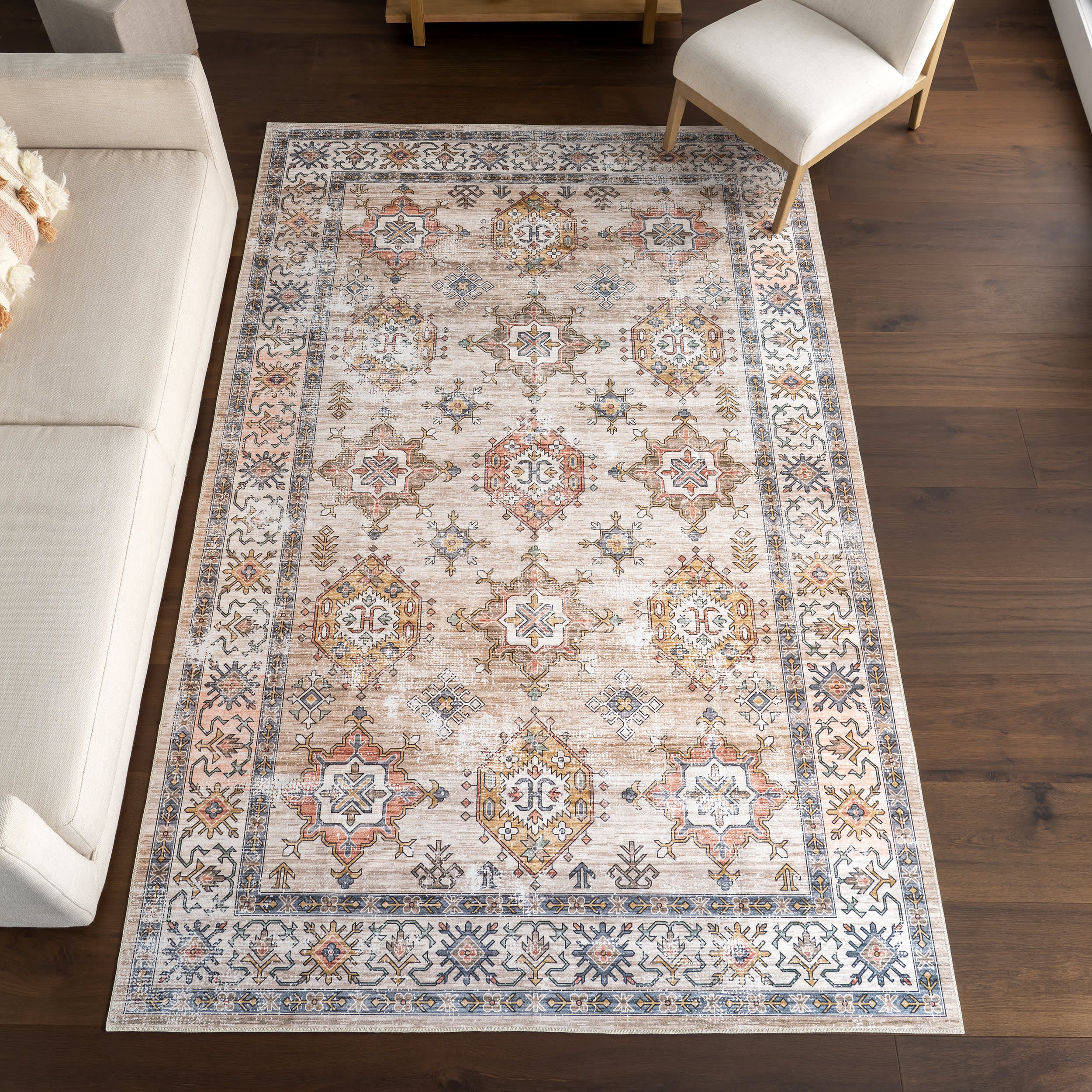 Francesca Timeworn Charm Spill Proof Washable Rug | Beige