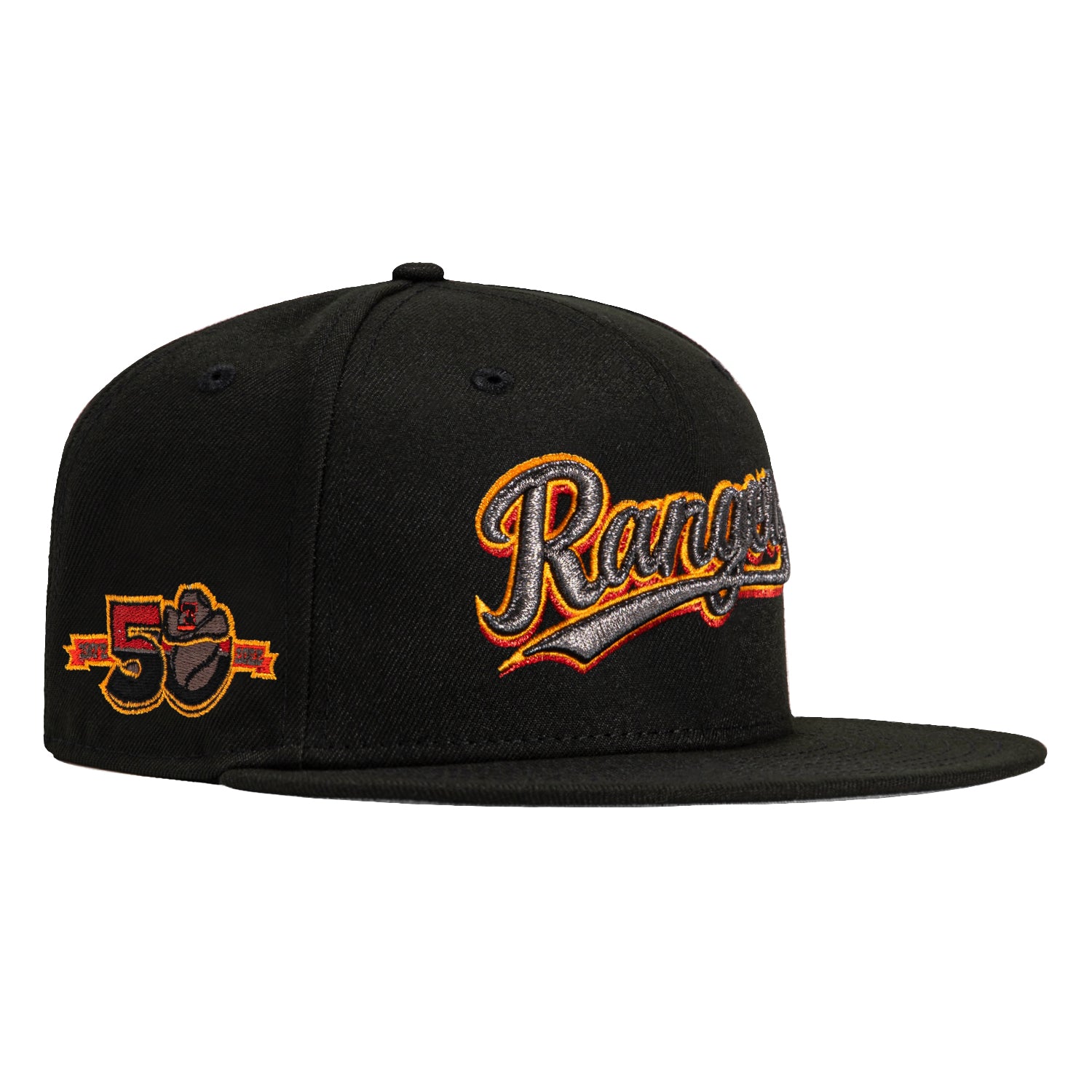 New Era 59Fifty Texas Rangers 50th Anniversary Patch Word Hat - Black, Light Orange, Red