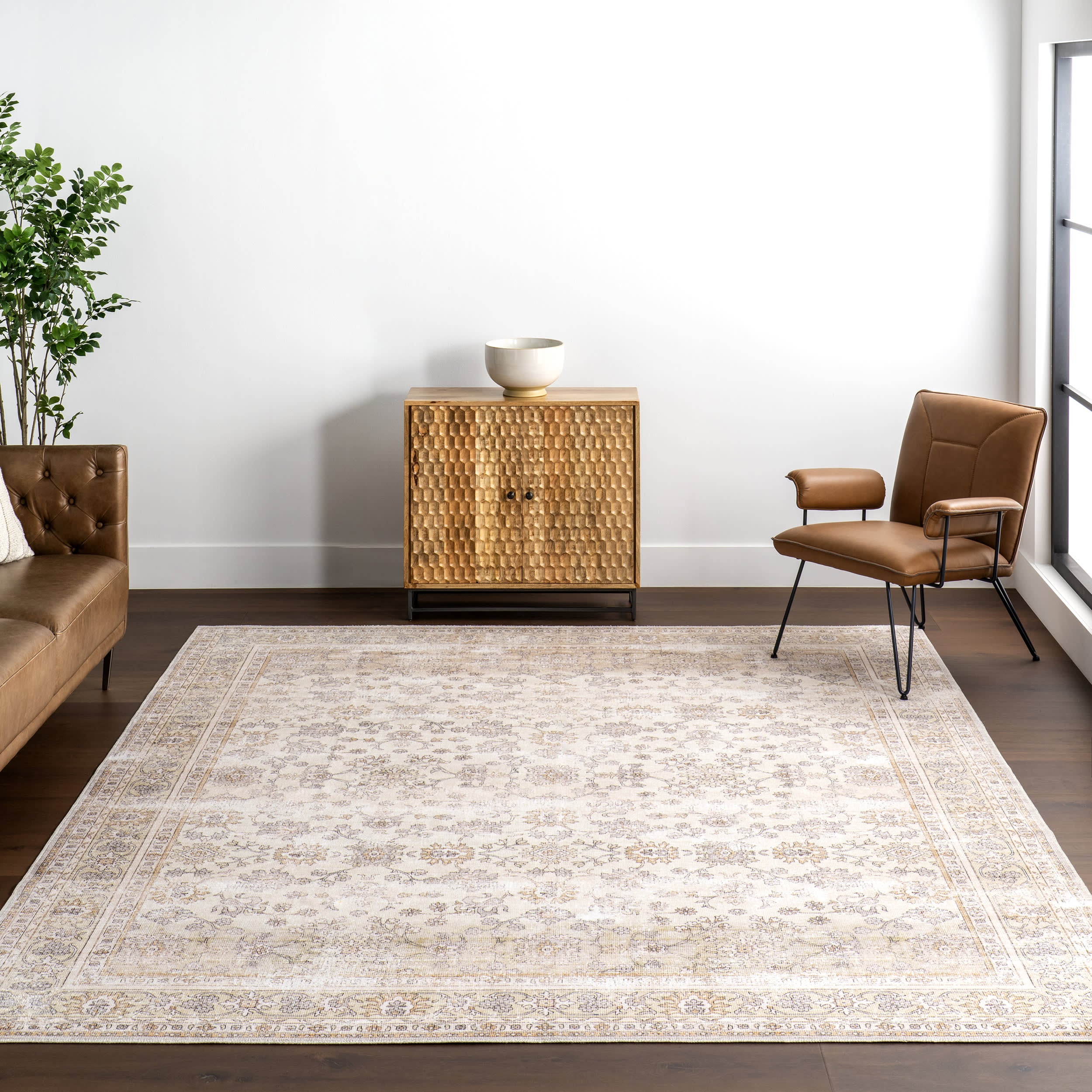 Meena Fading Garden Spill Proof Washable Rug | Beige