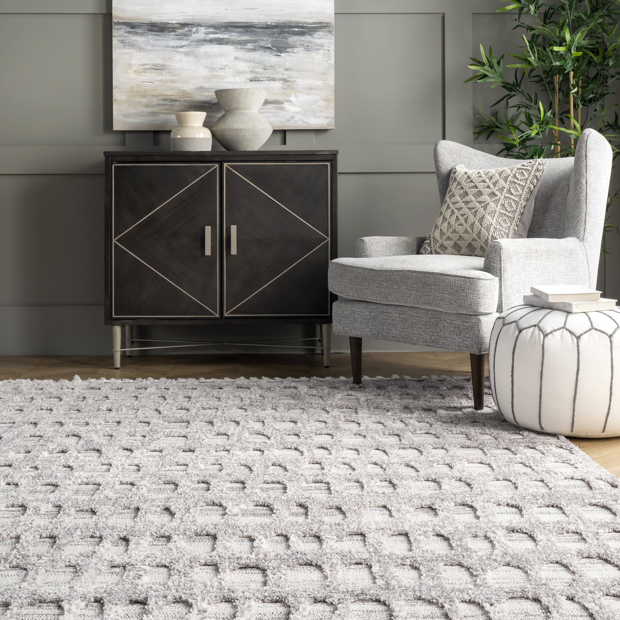 Carved Honeycomb Tasseled Rug | Grey