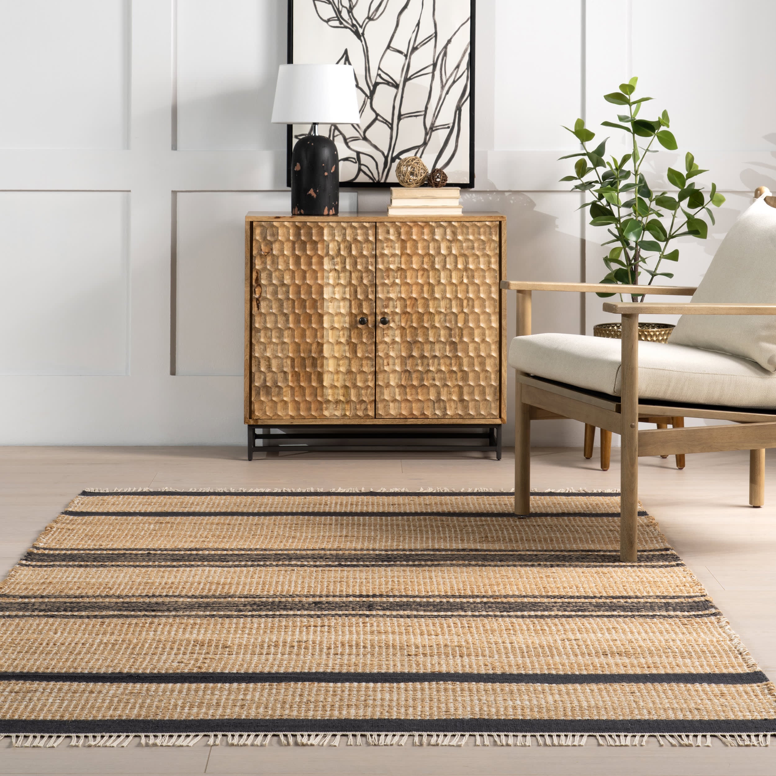 Rebel Striped Fringed Rug | Natural